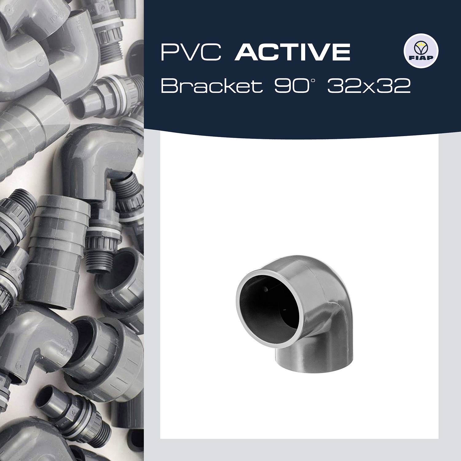 Graues PVC-Winkelstück 90° 32x32, hervorgehoben und daneben eine Ansammlung weiterer Winkelstücke. Aufschrift: 'PVC Active Bracket 90° 32x32'.