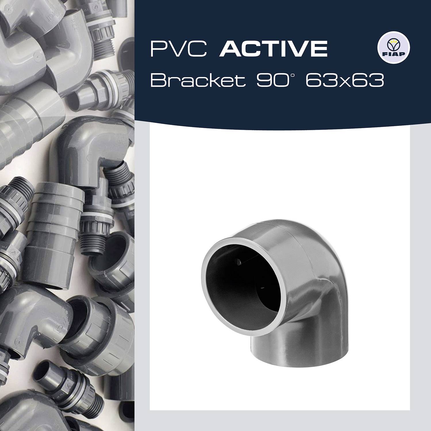 Rohrelement mit 90-Grad-Winkel aus PVC, hervorgehoben vor einem Hintergrund mit mehreren ähnlichen Komponenten. Text: 'PVC ACTIVE Bracket 90° 63x63'.