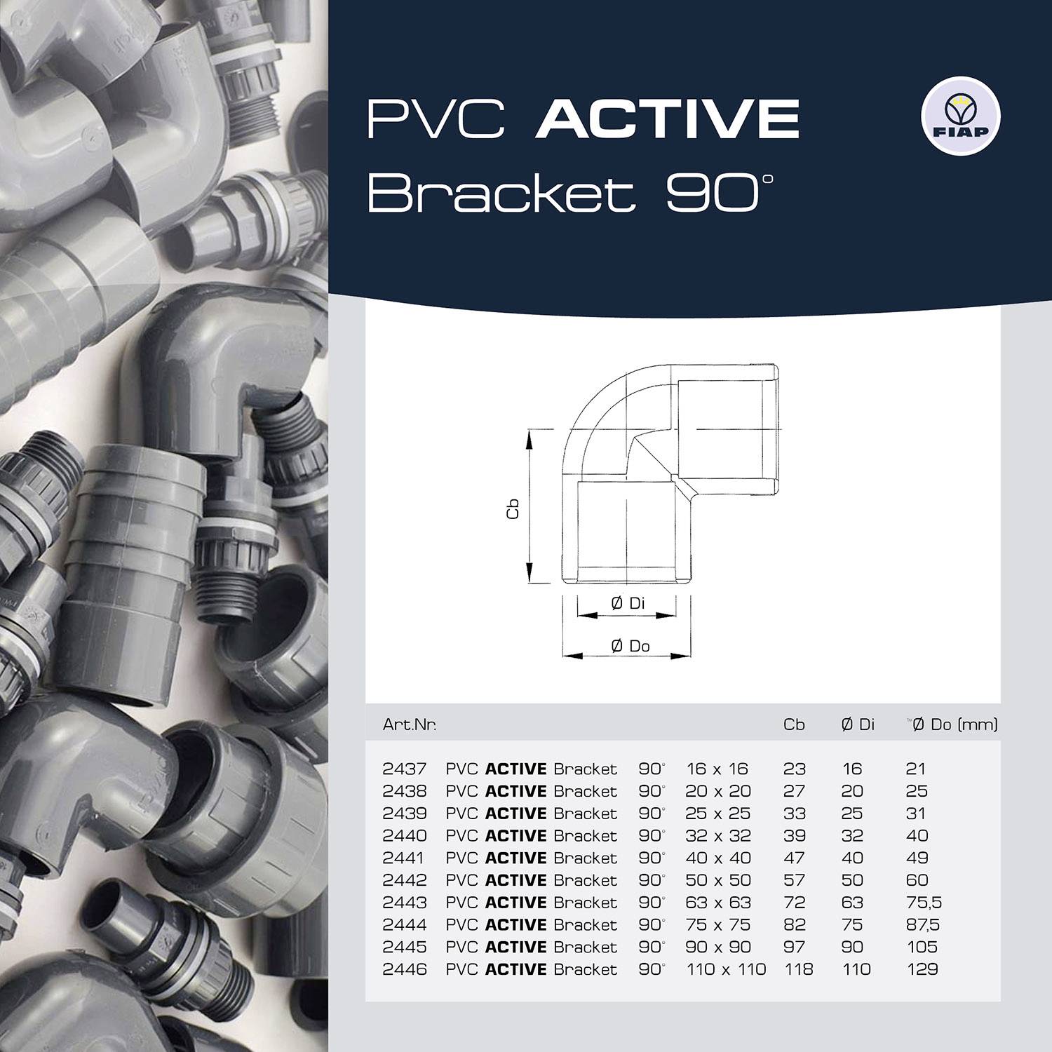 'PVC ACTIVE Bracket 90°' Katalogseite mit Produktabbildung, technischem Diagramm und Dimensionen für verschiedene Größen.