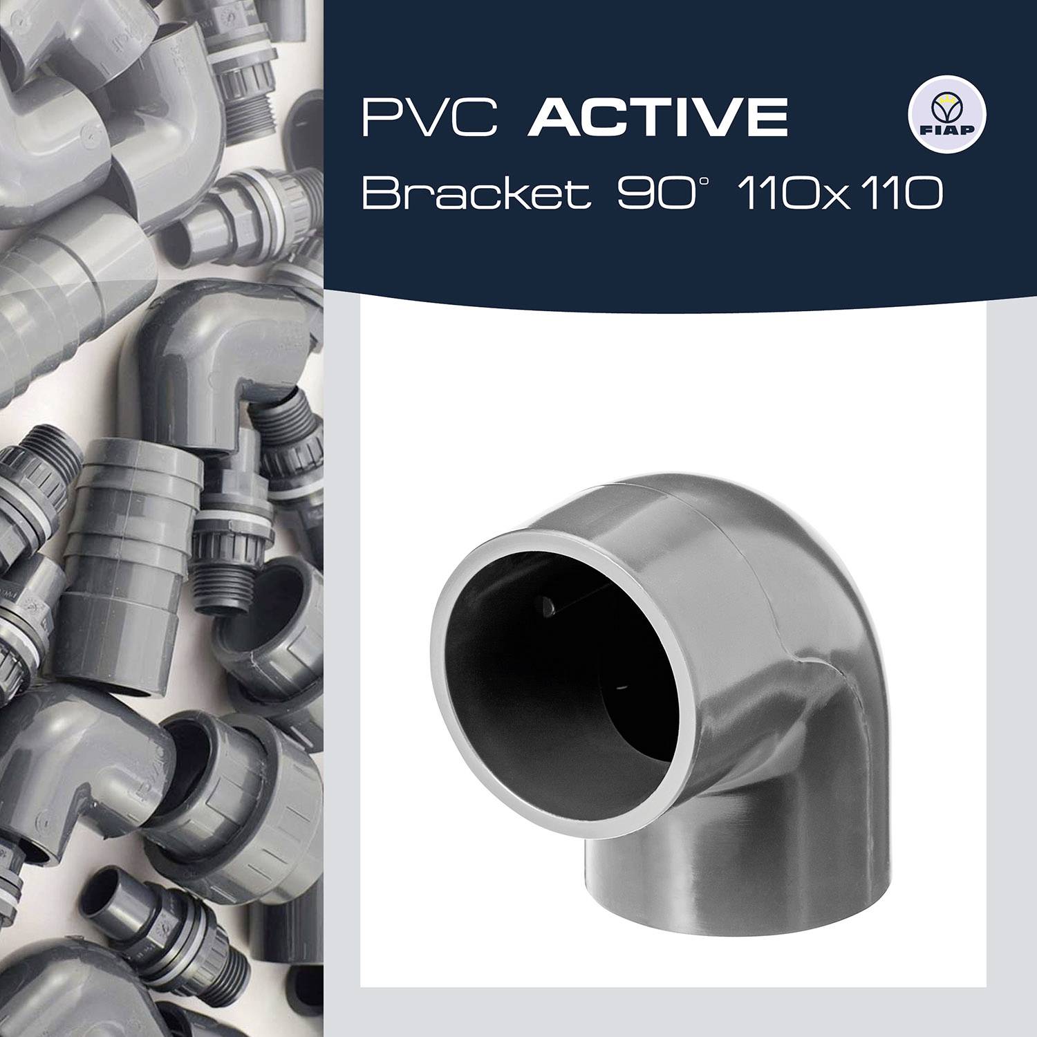 'PVC ACTIVE Bracket 90° 110x110' mit Bild eines PVC-Winkels und mehreren Anschlüssen.