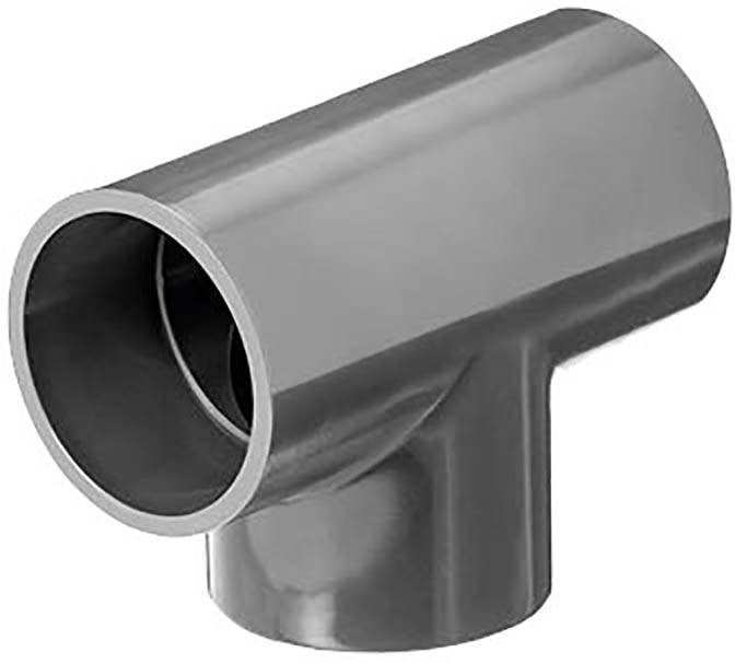 Graues PVC-T-Stück Rohrverbindung, die drei Rohrleitungen verbindet; zeigt eine stabile, glatte Struktur, geeignet für Sanitärinstallationen.