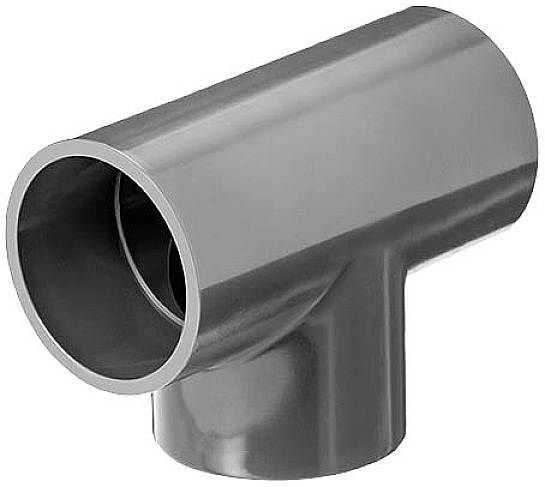 Graues PVC-T-Stück für Rohrverbindungen in einer dreifachen Öffnungsform, geeignet für den Einsatz in Sanitärinstallationen.
