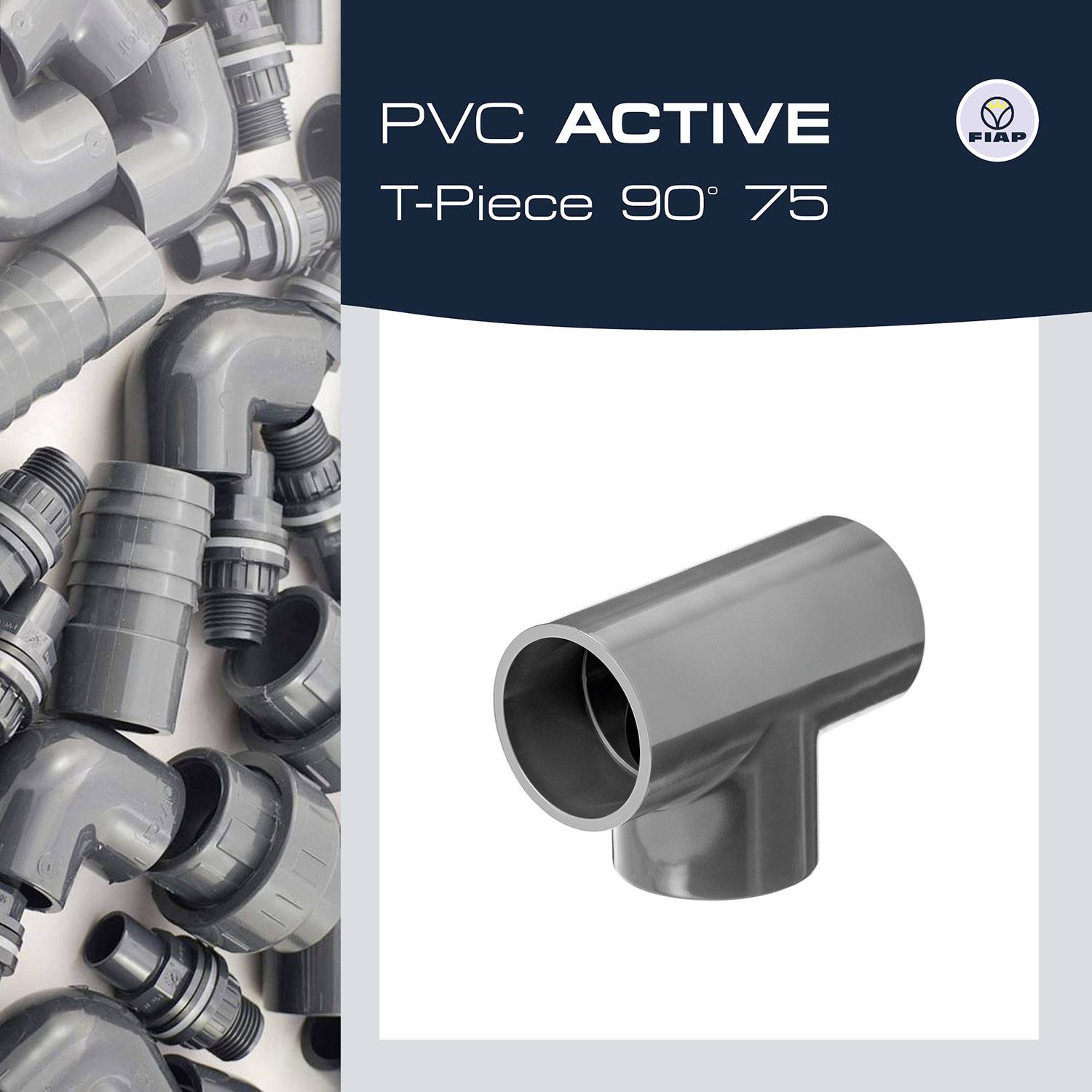 'PVC ACTIVE T-Stück 90° 75' in hellem, modernem Design, umgeben von mehreren PVC-Rohrverbindungen.