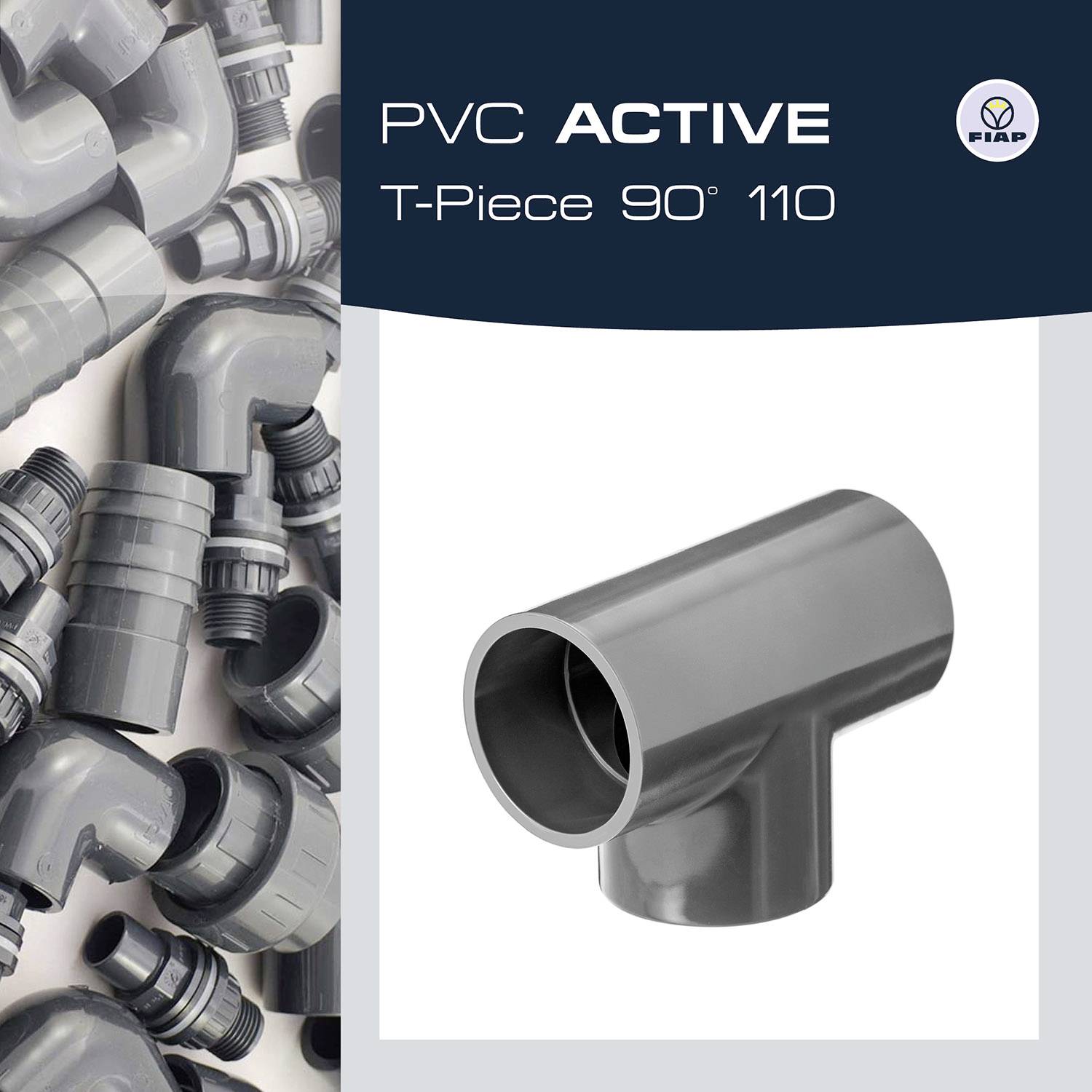 'PVC ACTIVE T-Stück 90° 110' mit Bild des gezeigten grauen PVC-Rohrverbindungsstücks rechts, umgeben von ähnlichen Bauteilen links.