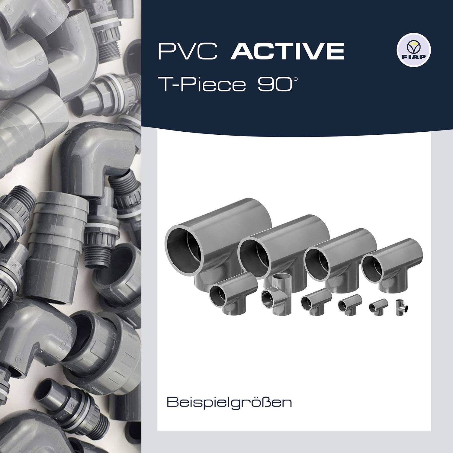 'PVC ACTIVE T-Stück 90°' Produktabbildung zeigt verschiedene Größen von grauen Rohrverbindungsstücken mit Gewinden und Bögen.