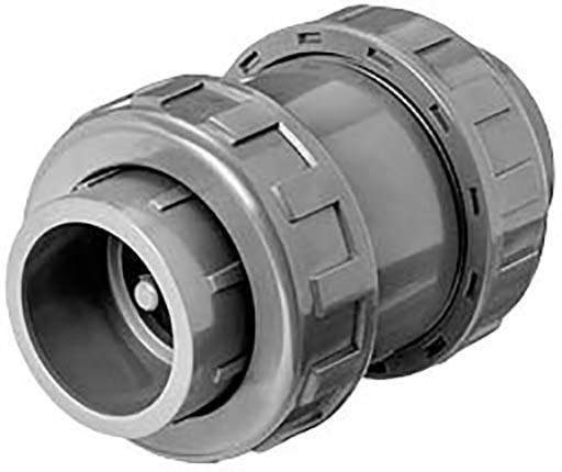 Graues PVC-Rohrkupplungselement mit zwei Schraubverschlüssen, verwendet zur Verbindung von Rohrstücken in Sanitär- und Bauanwendungen.