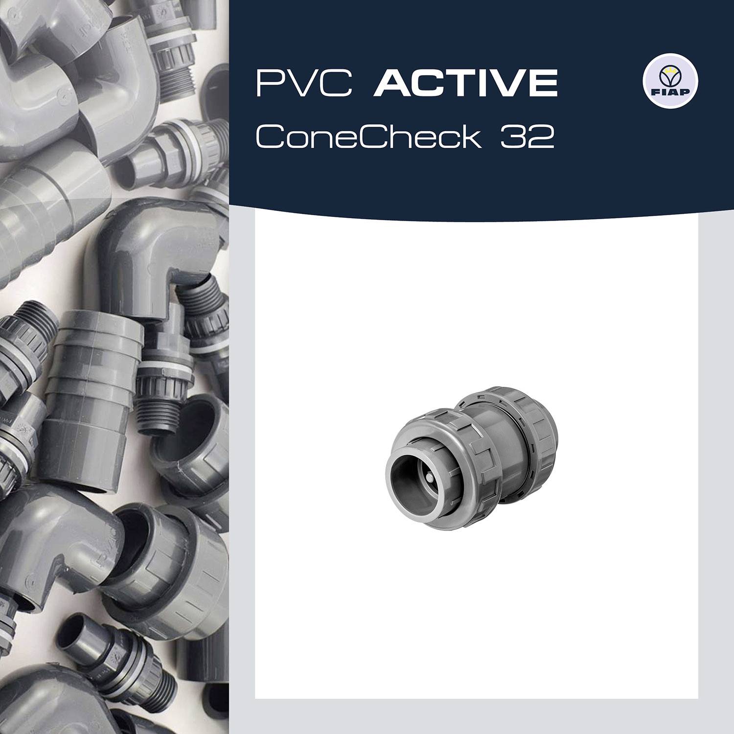 'PVC ACTIVE ConeCheck 32' steht neben einem Bild mit grauen PVC-Rohren und einem speziell hervorgehobenen Verbindungsstück rechts.