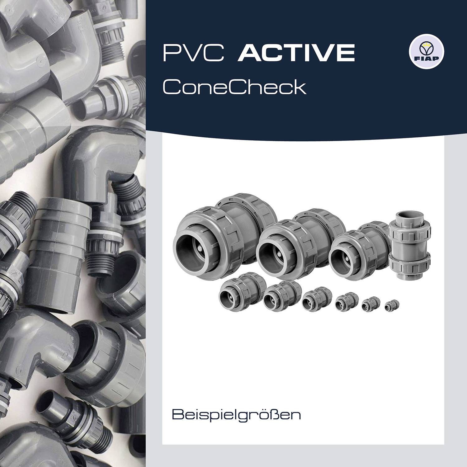 'PVC ACTIVE ConeCheck' zeigt eine Produktreihe von Kunststoffverbindern in verschiedenen Größen, zusammen mit einem Stapel grauer Rohrstücke.