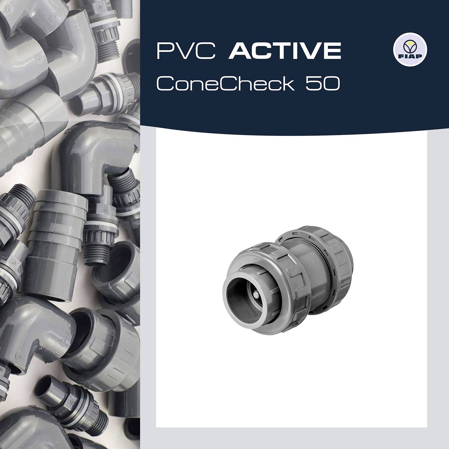 PVC-Rohre und Verbindungen vor grauem Hintergrund. Text links: 'PVC ACTIVE ConeCheck 50'. Logo oben rechts.