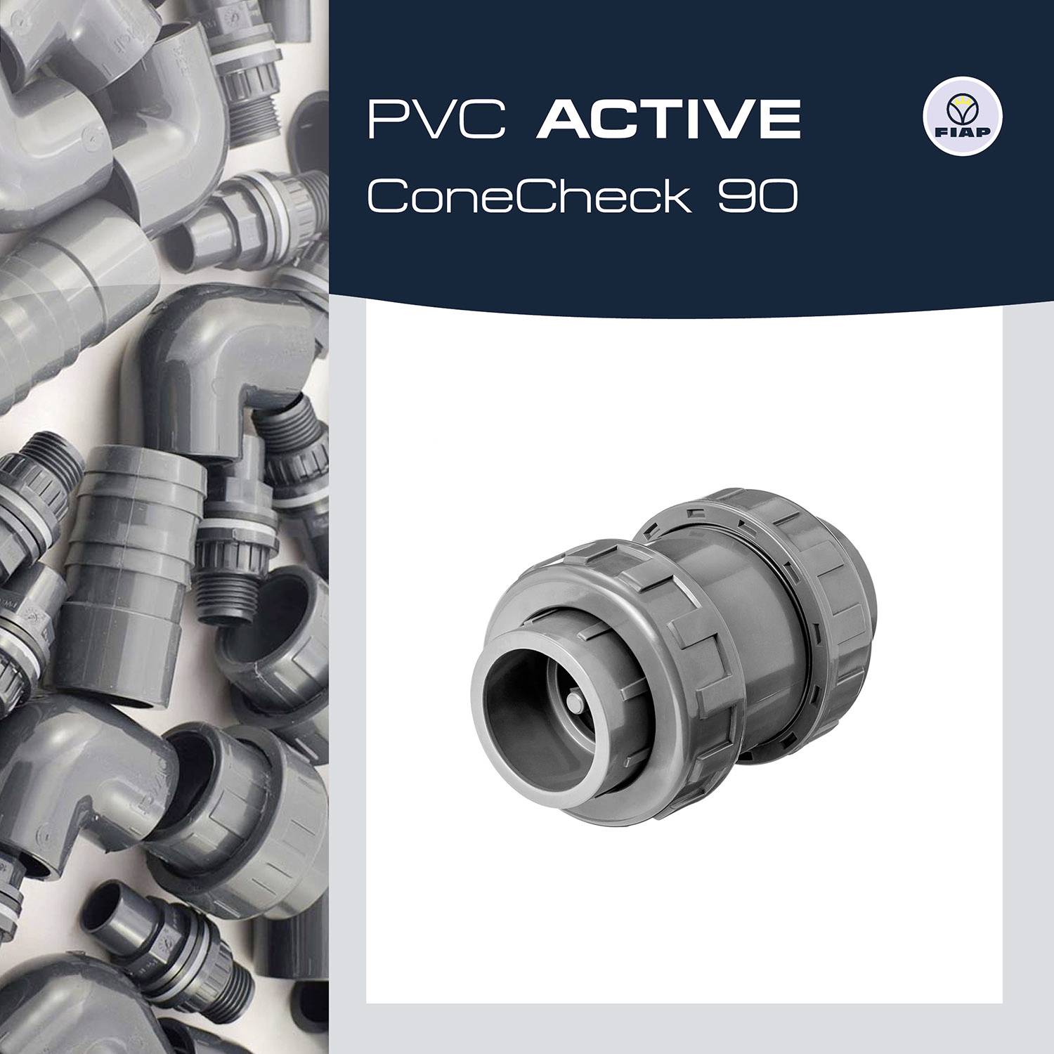 'PVC ACTIVE ConeCheck 90' neben einem Bild eines grauen Verbindungsstücks, umgeben von mehreren PVC-Rohrelementen.