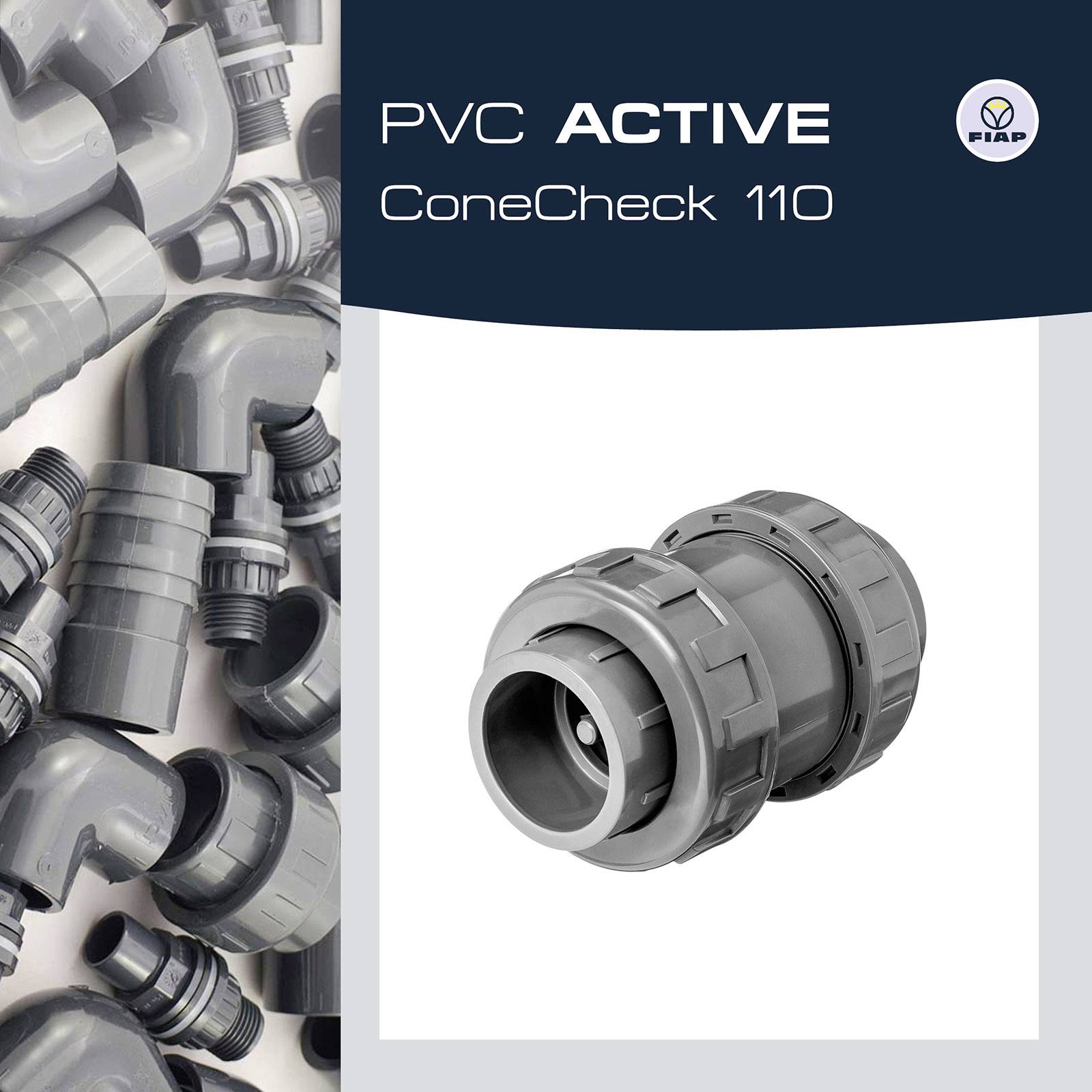 PVC-Rohrarmaturen einschließlich Ellbogen- und Verbindungselemente, mit Schwerpunkt auf einem speziellen Adapter 'ConeCheck 110'. Markenlogo sichtbar.