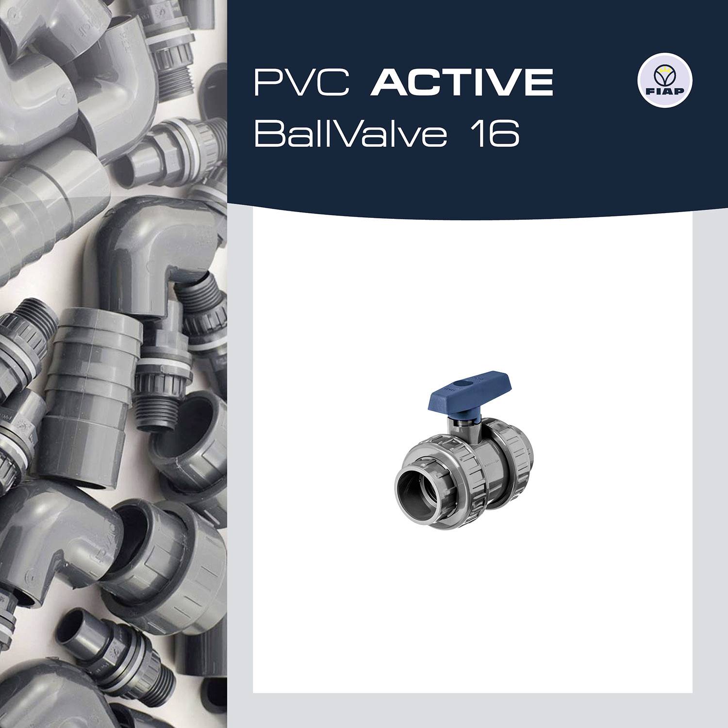 PVC-Rückschlagventil 16 gezeigt, unter anderem in einer Sammlung von grauen PVC-Rohren und Verbindungsstücken.