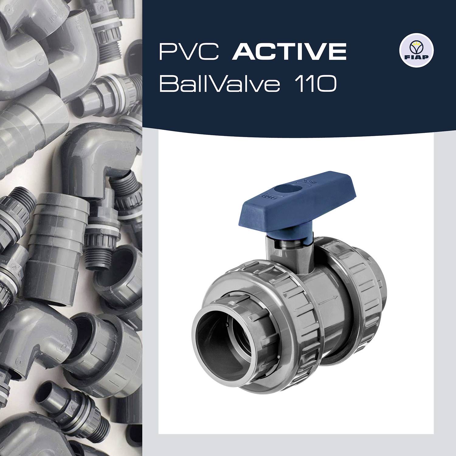 PVC-Kugelhahn 'ACTIVE BallValve 110' mit blauem Griff, umgeben von mehreren grauen Rohrbögen.