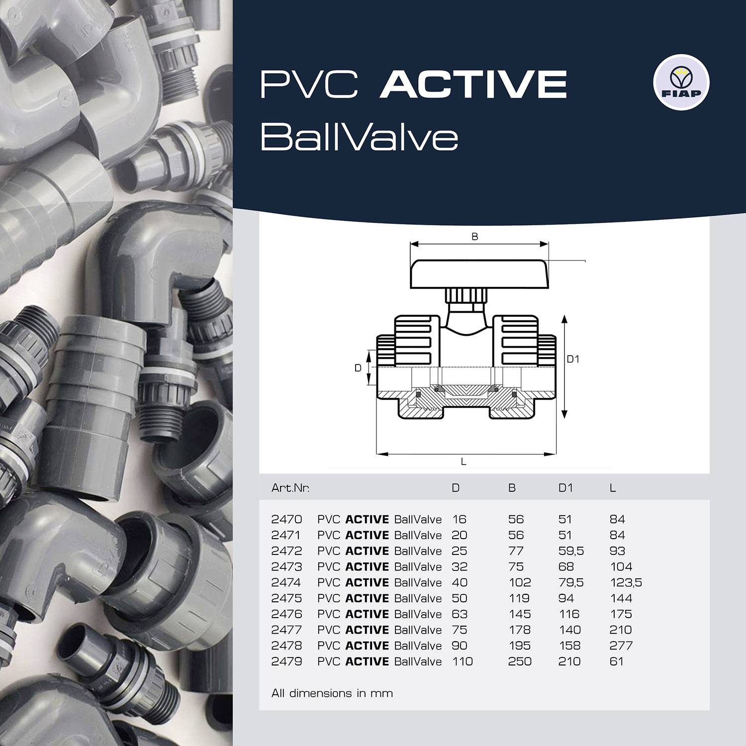 Grau PVC-Armaturen mit Zeichnung und Tabelle von PVC-Active-Kugelhähnen, einschließlich Abmessungen und Artikelnummern.