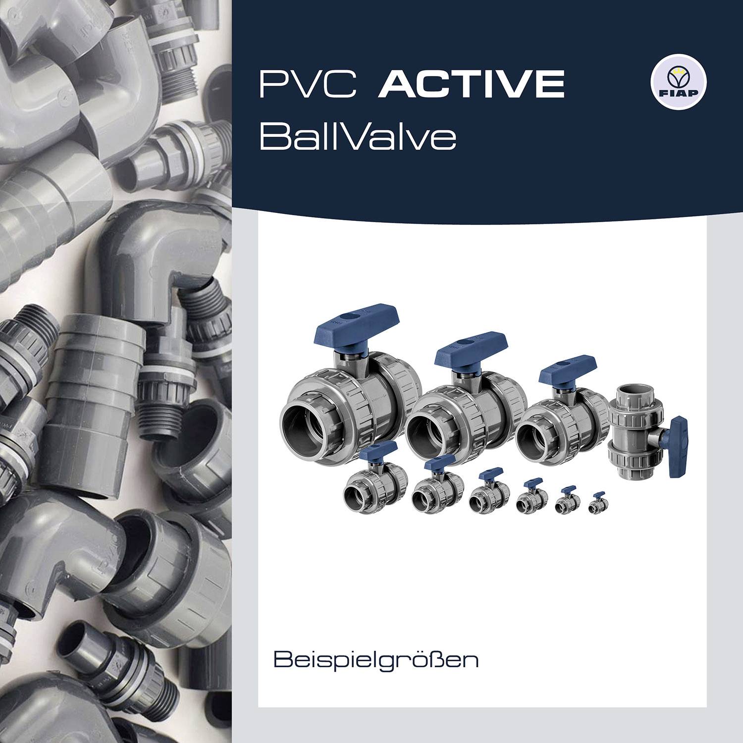 'PVC BallValve' Broschüre zeigt graue PVC-Kugelhähne in verschiedenen Größen mit blauen Griffen und FIAP-Logo oben rechts.