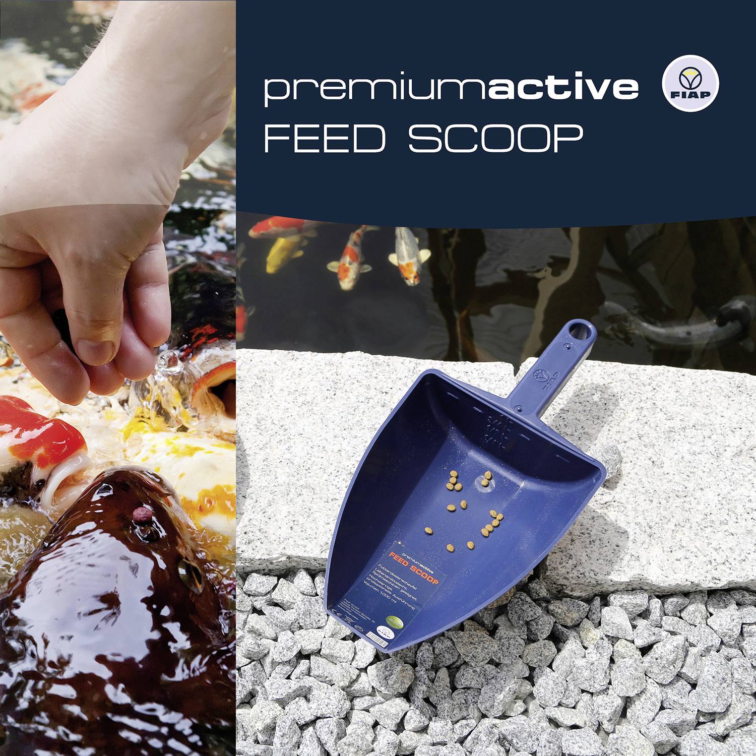Eine Hand füttert Fische im Teich. Daneben eine blaue Futterschaufel mit Futter. Text: 'premiumactive FEED SCOOP'.