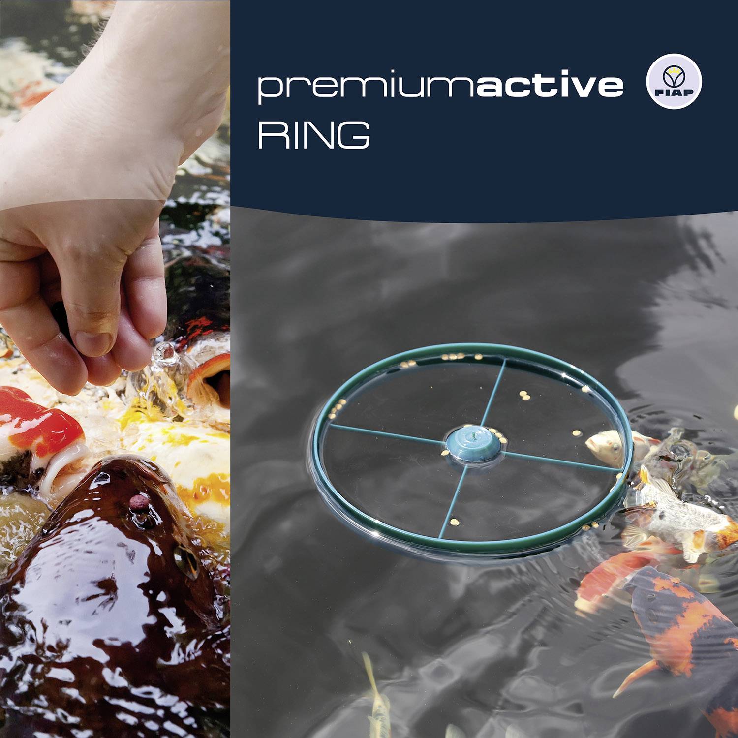 Ein Gerät im Wasser, umgeben von Fischen; oben Text: 'premium active RING', daneben ein Logo.