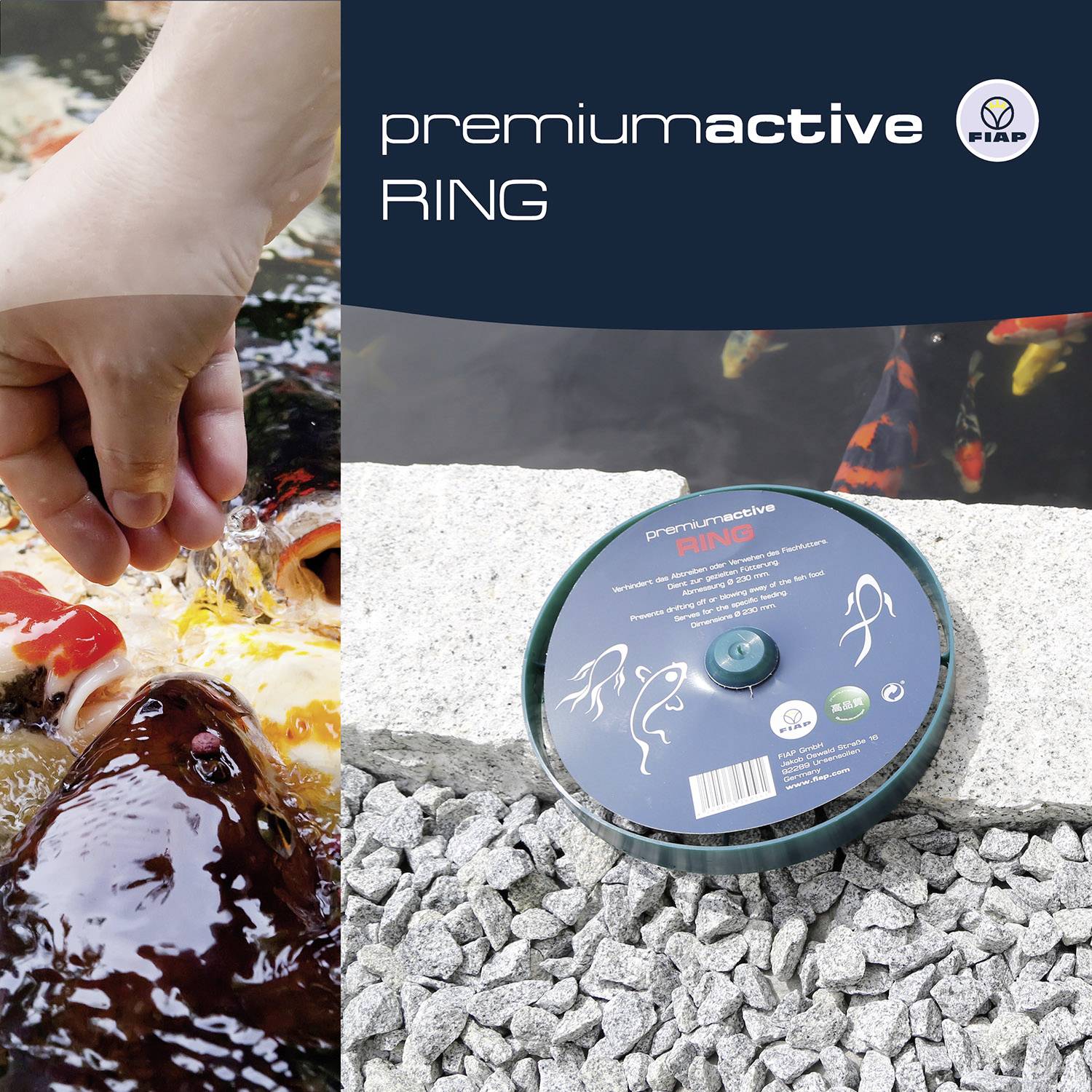 Futterdose 'Premium Active RING' auf Kies, nahe Teichfische. Deckel zeigt Fischzeichnung und Logos.