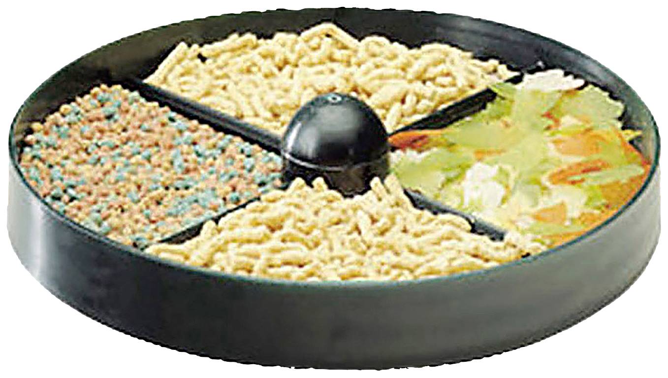 Rundes Tablett mit vier Fächern, gefüllt mit unterschiedlichen Arten von Fischfutter, darunter Pellets, Sticks und Flocken.
