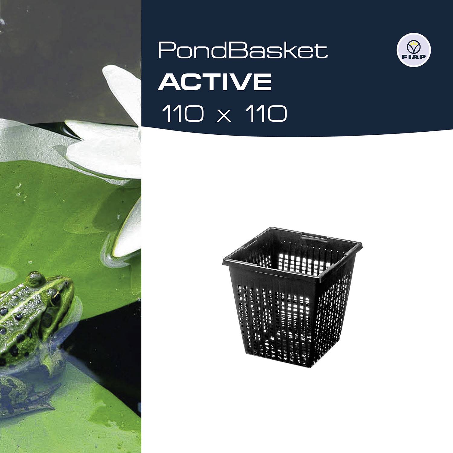 'PondBasket ACTIVE 110 x 110' neben einem schwarzen quadratischen Korb mit Löchern, abgebildet in einem Teich mit einer Seerose und einem Frosch.