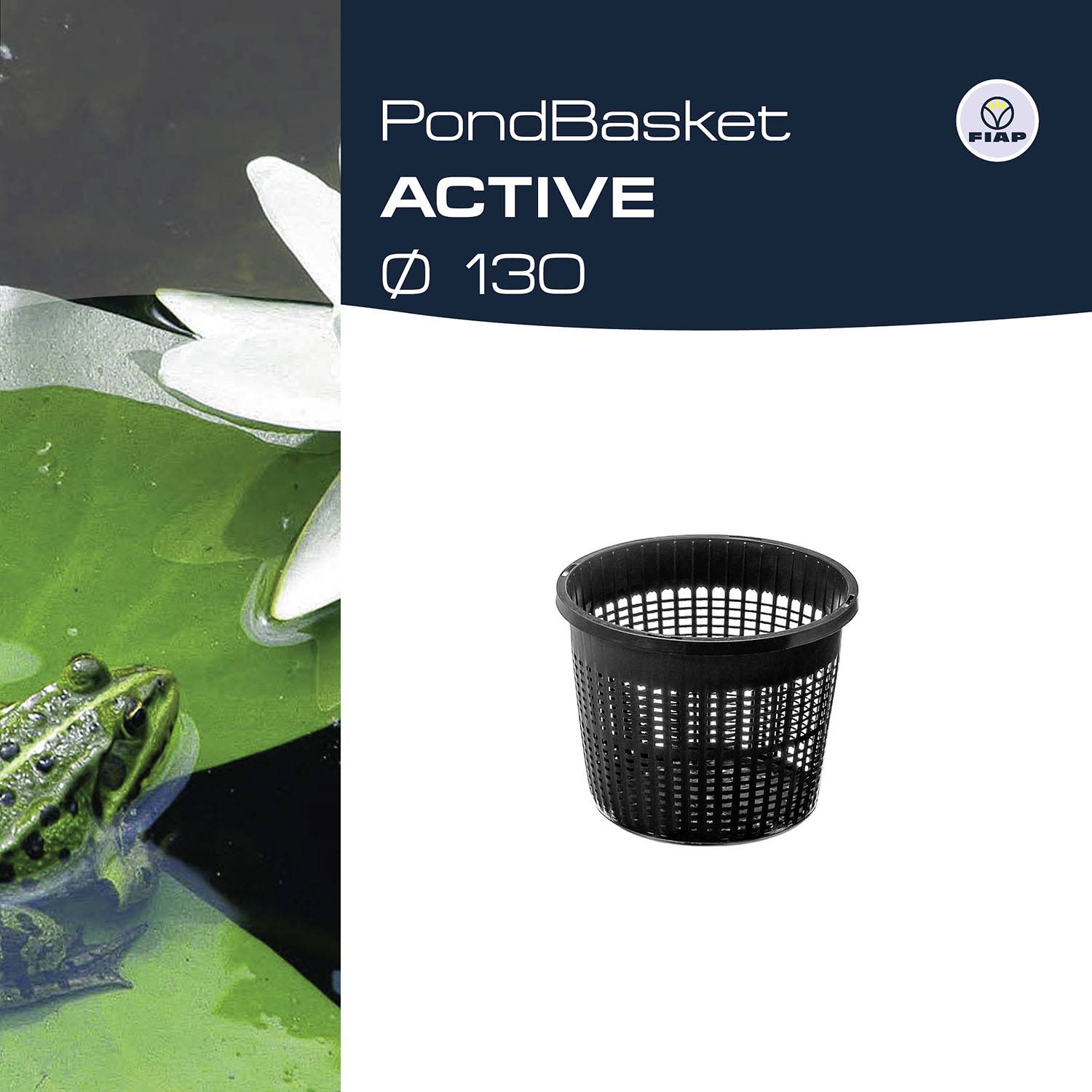 'PondBasket Ø 130' zeigt eine schwarze, zylinderförmige Korbstruktur. Links im Bild ein grüner Frosch auf einem Seerosenblatt.