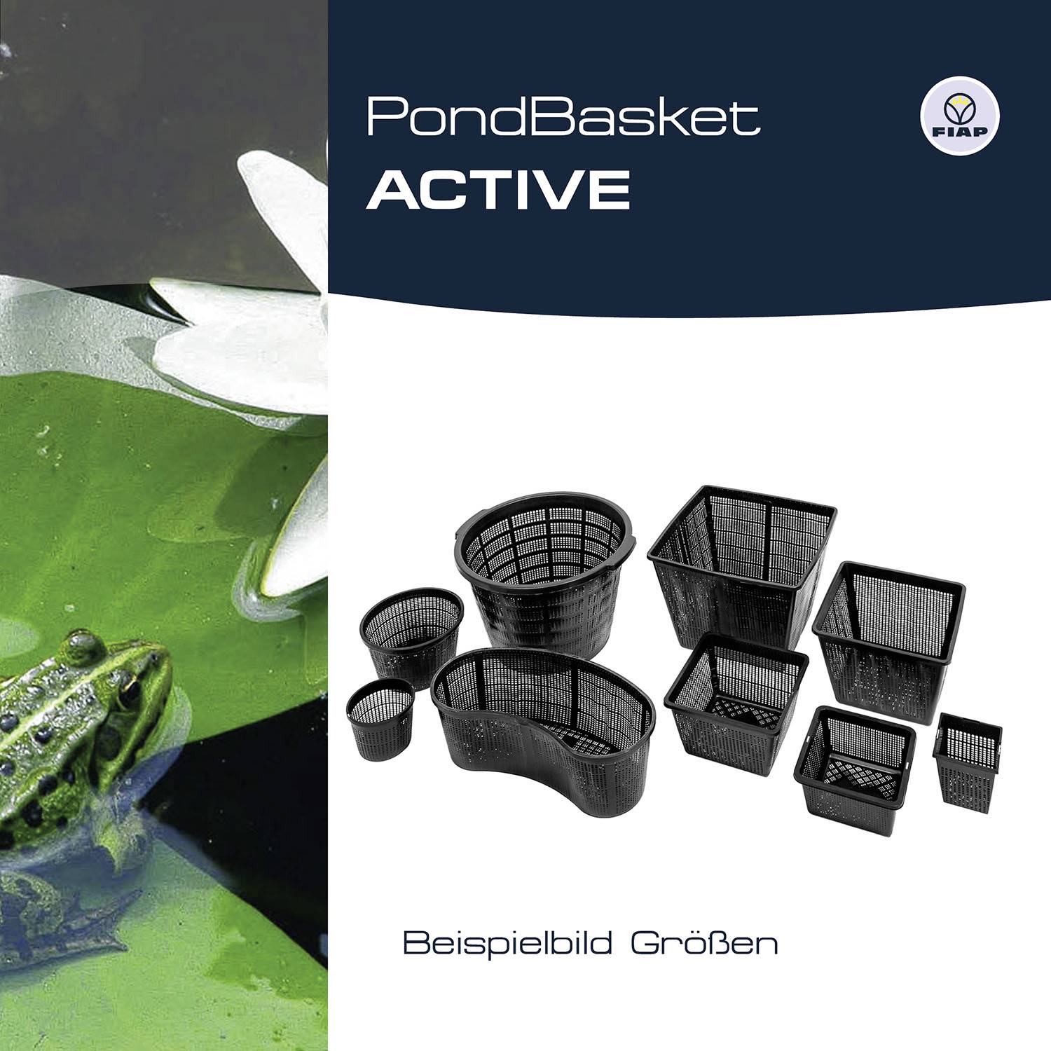 'PondBasket ACTIVE' links zeigt ein Frosch im Wasser mit Seerosenblatt. Rechts sind mehrere schwarze Gitterkörbe in verschiedenen Größen zu sehen.