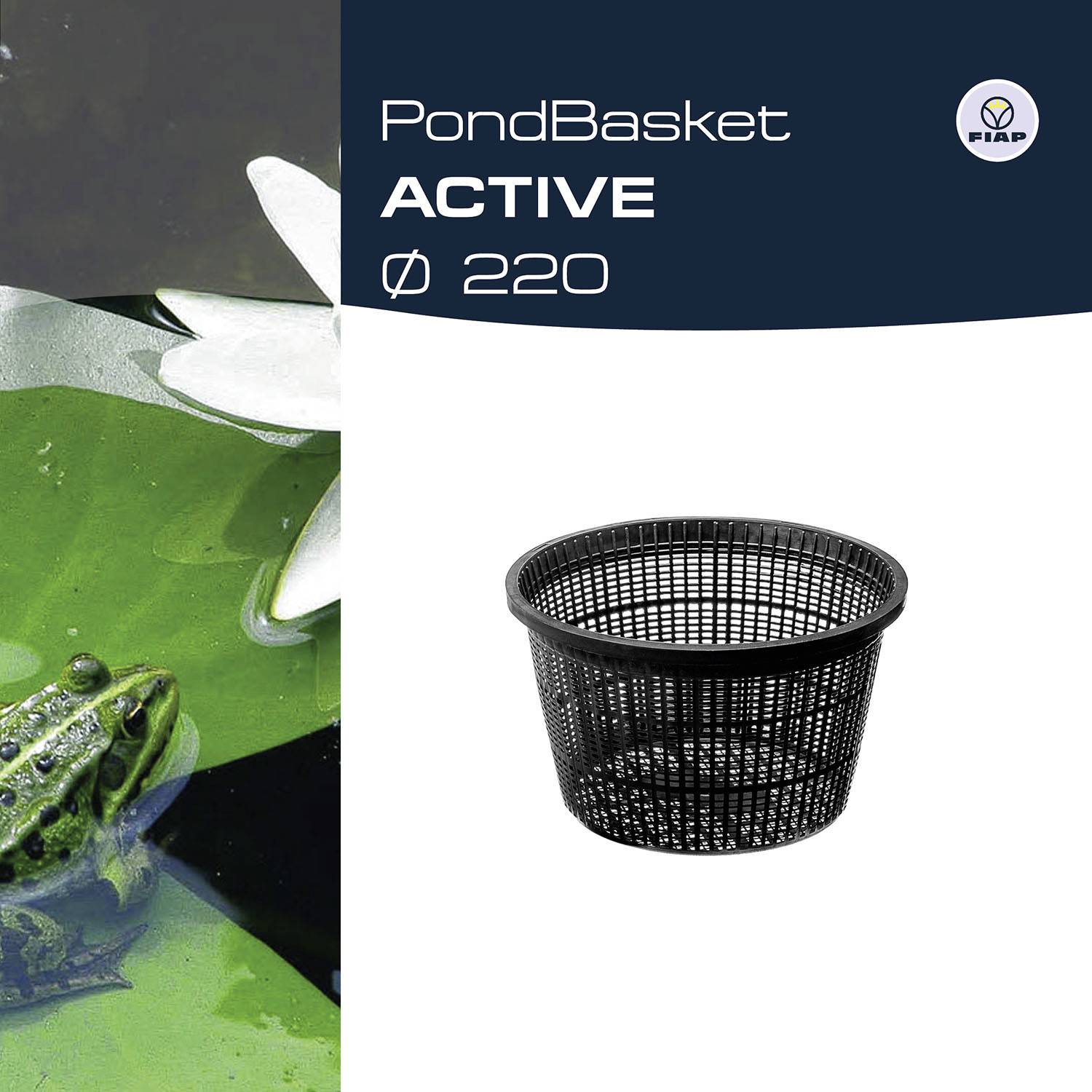 'PondBasket Ø 220' und Bild eines schwarzen Korbs vor einem Teich mit grünem Wasser und Frosch. Logo oben rechts.