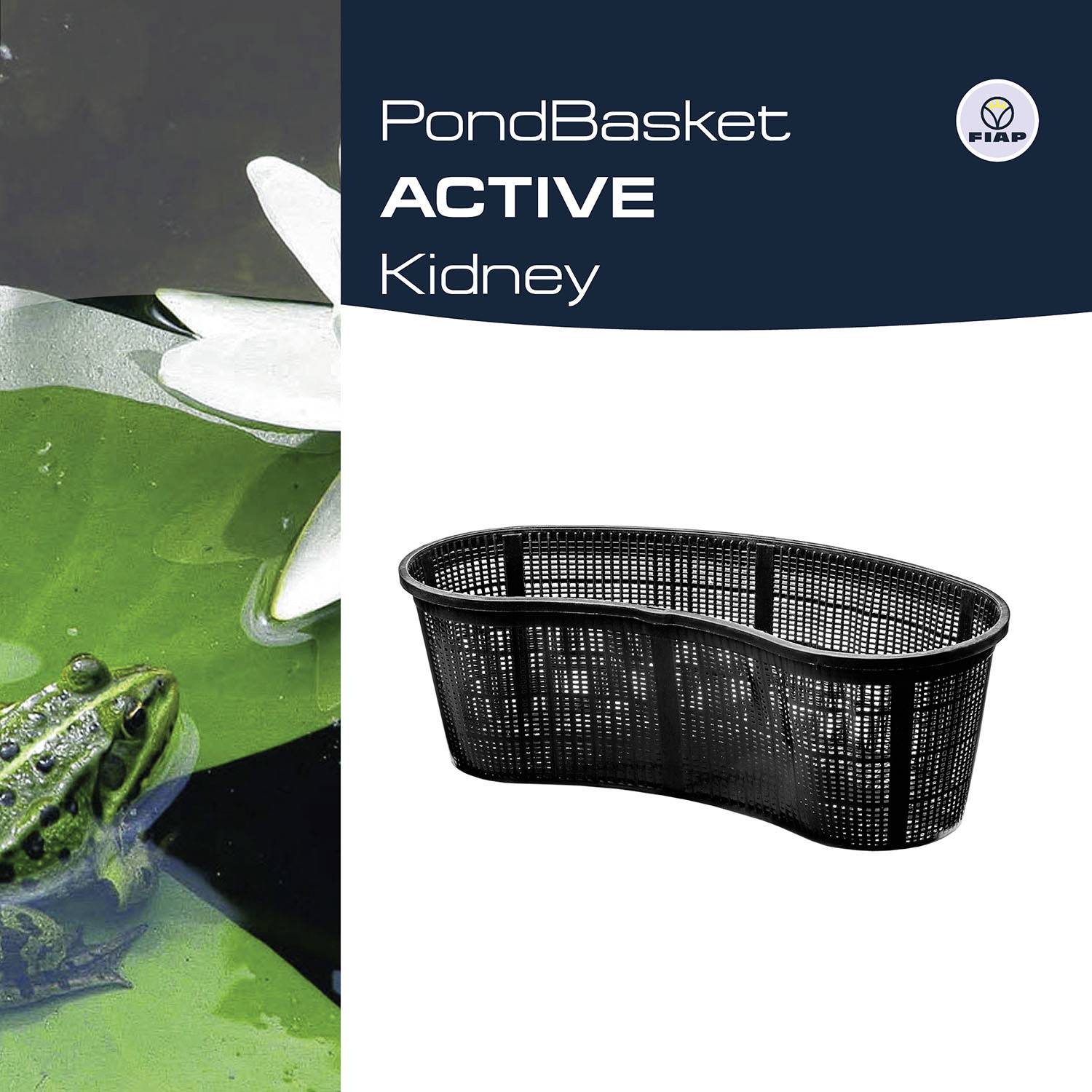'PondBasket Kidney'. Das Bild zeigt einen Nieren-förmigen, schwarzen Korb neben einem Foto eines Teichs mit einem Frosch und Seerosen.