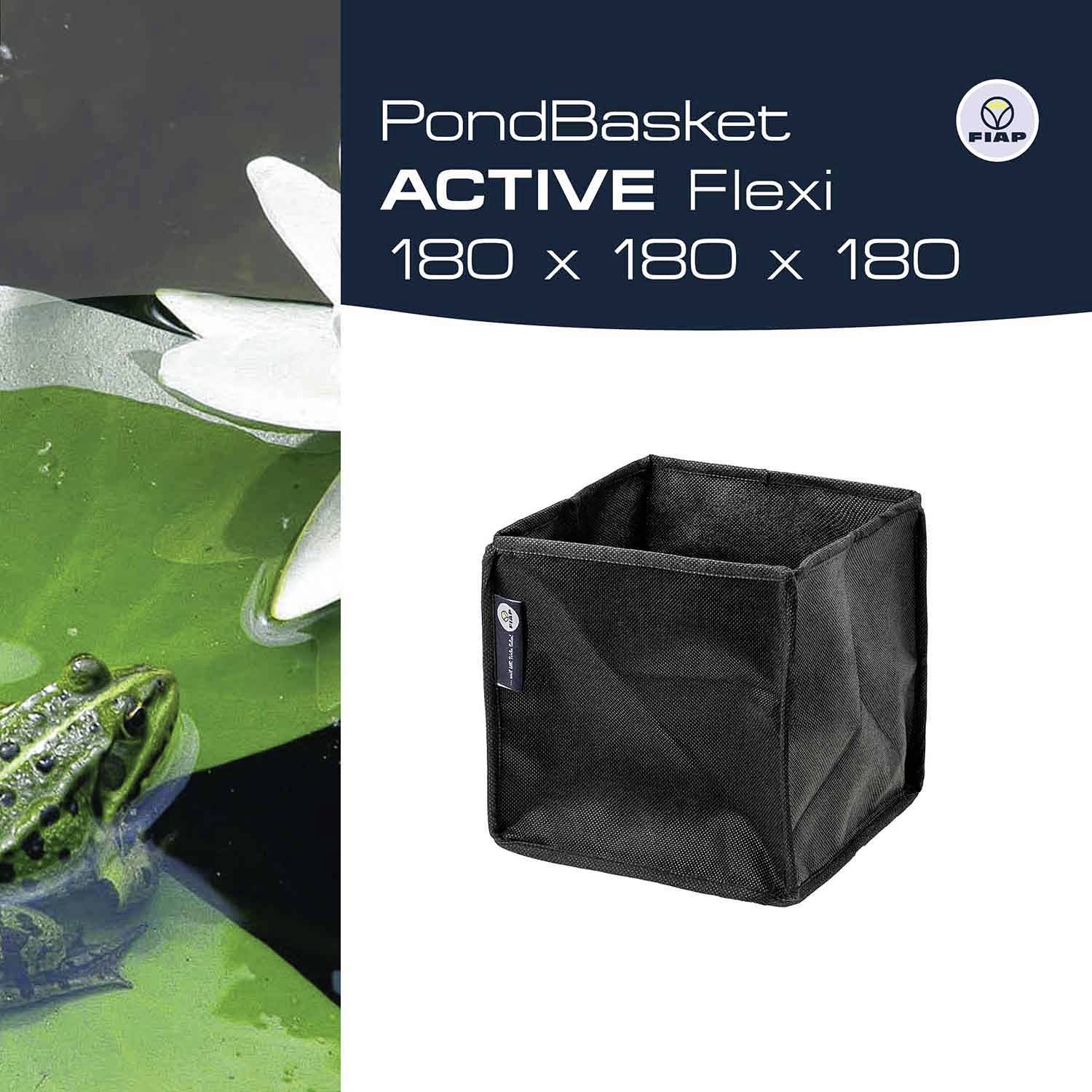 Ein grüner Frosch im Wasser neben einer weißen Seerosenblüte. Rechts ein schwarzer Netzbehälter, beschriftet mit 'PondBasket ACTIVE Flexi 180 x 180 x 180'.