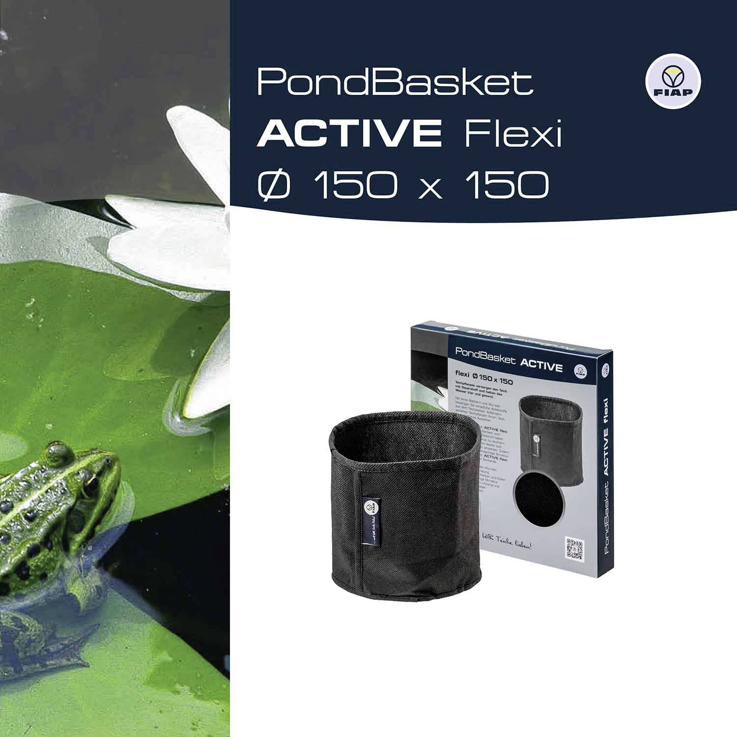 'PondBasket ACTIVE Flexi Ø 150 x 150' Produktbild zeigt einen schwarzen Teichkorb und Verpackung vor grünem Wasser mit Seerosen.