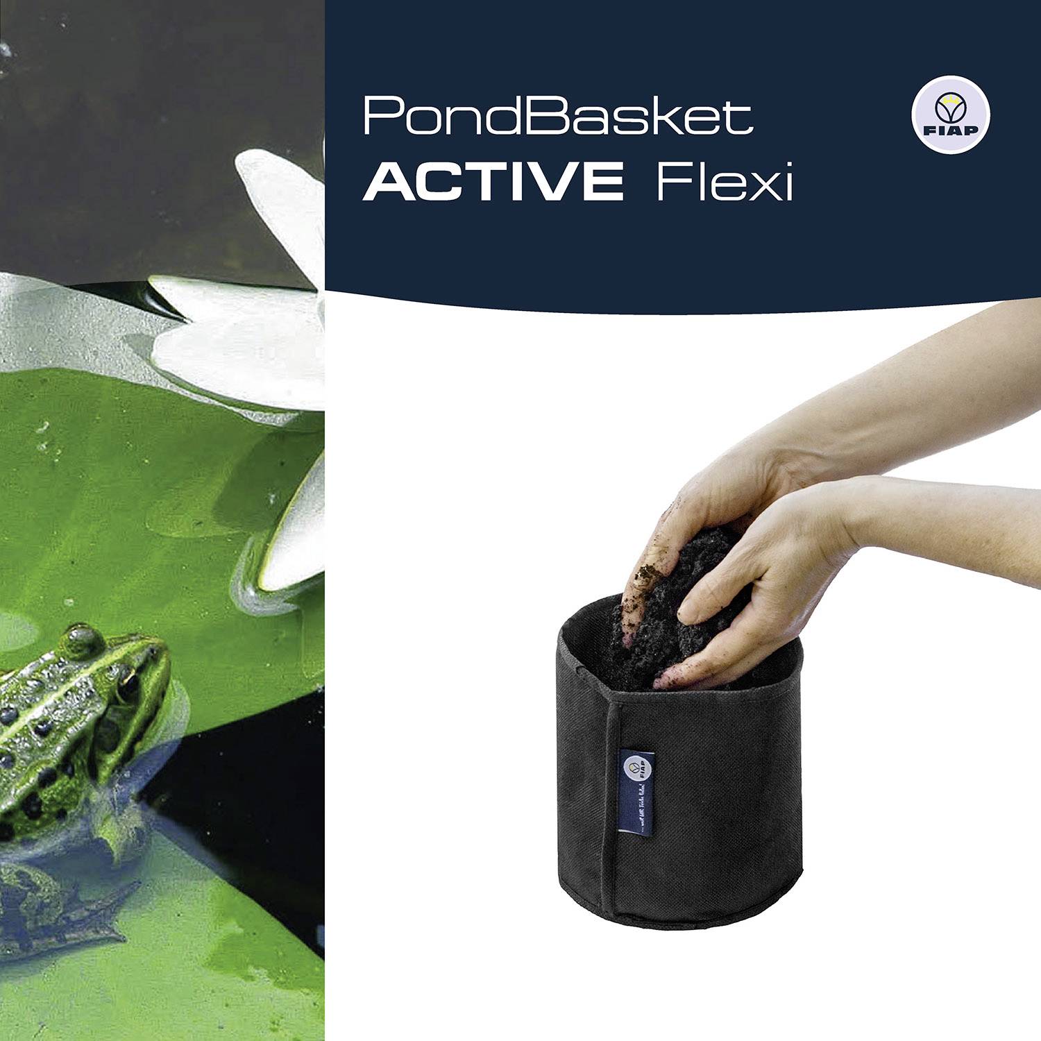 'PondBasket ACTIVE Flexi' von FIAP; rechte Hand hält einen flexiblen Korb, links ein Teich mit Frosch. Produkt für Teichpflege.