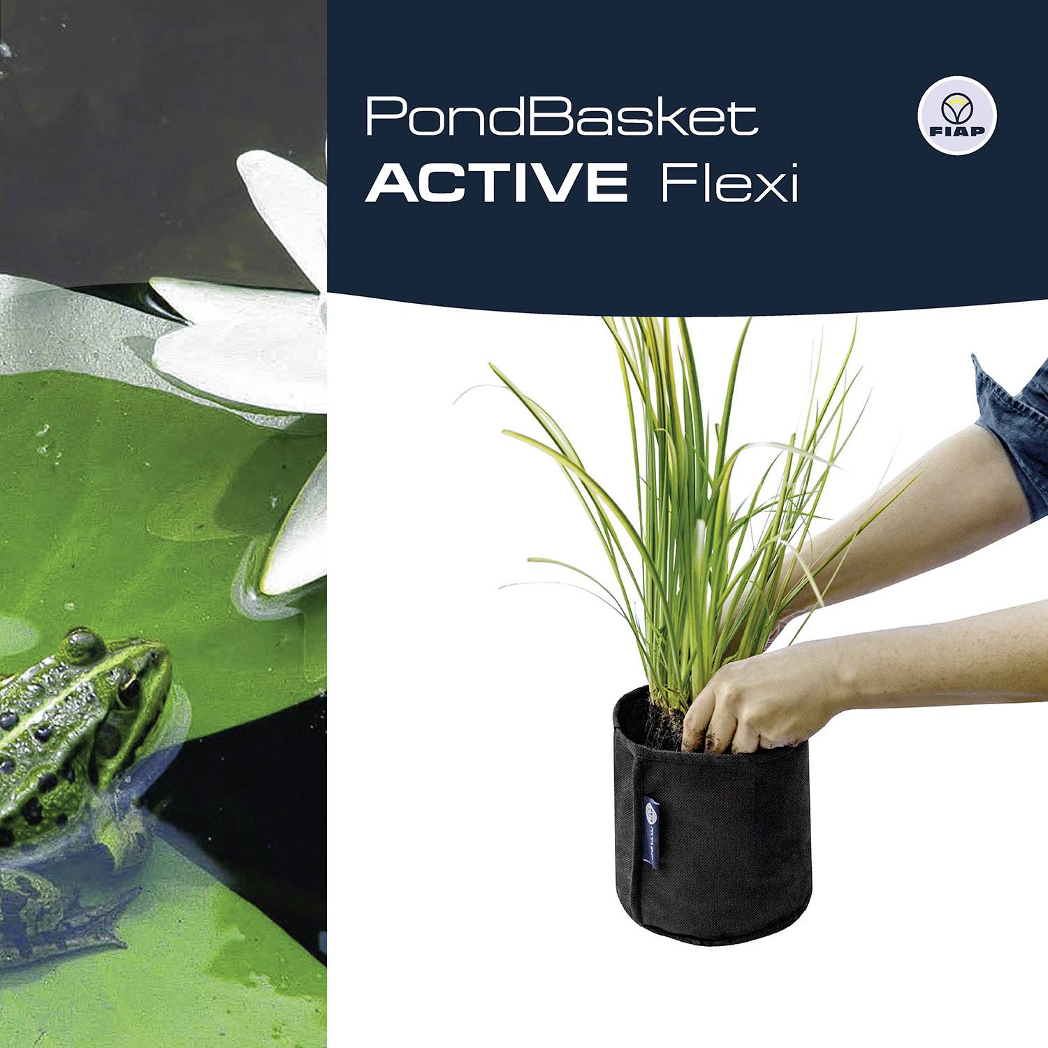 'PondBasket ACTIVE Flexi' Produktbild zeigt eine Hand, die einen flexiblen Pflanzenkorb mit Schilfgras hält. Links ein Frosch im Wasser.