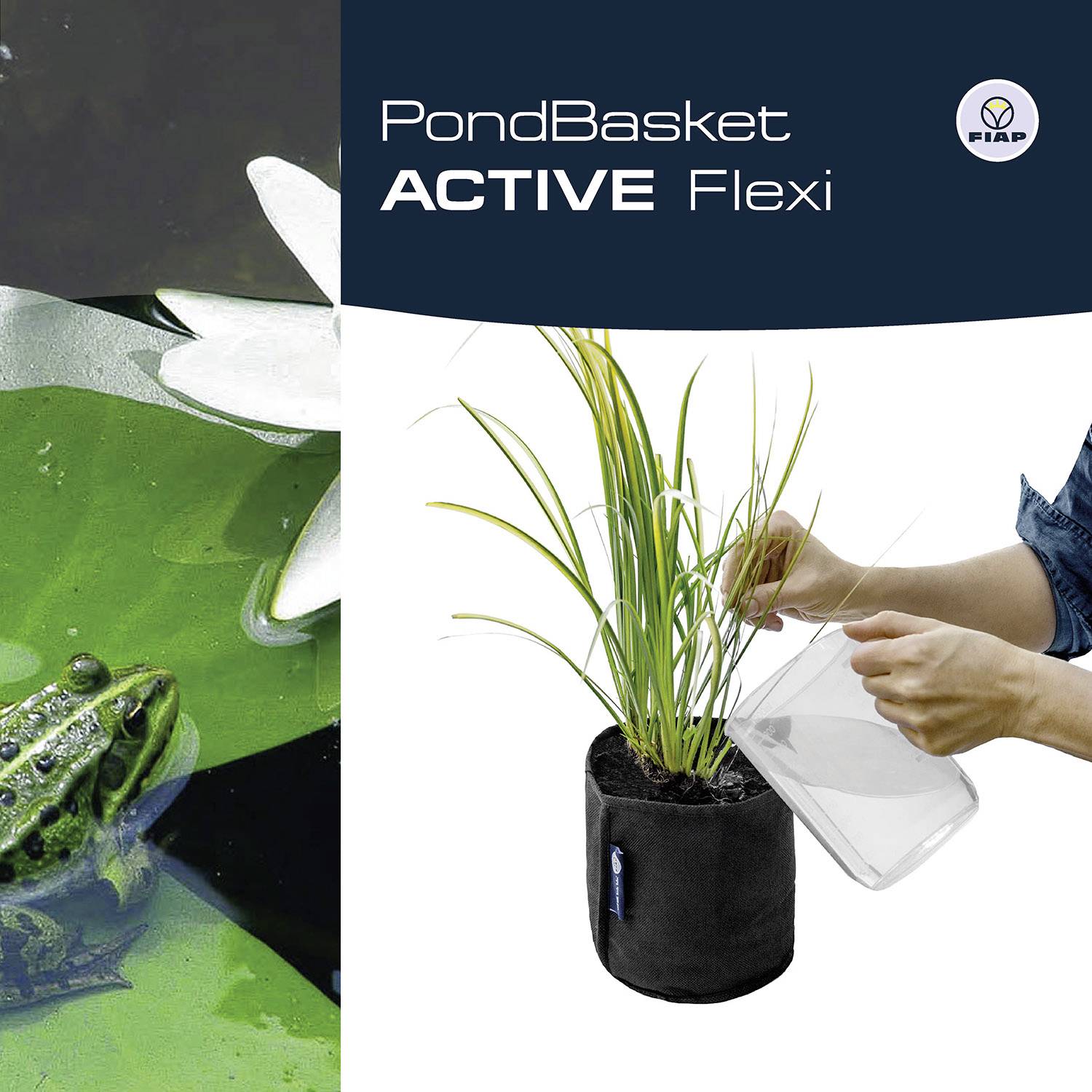Links ein Frosch im Teich, rechts eine Hand gießt eine Pflanze in einem schwarzen Pflanzkorb. Oben Text 'PondBasket ACTIVE Flexi'.