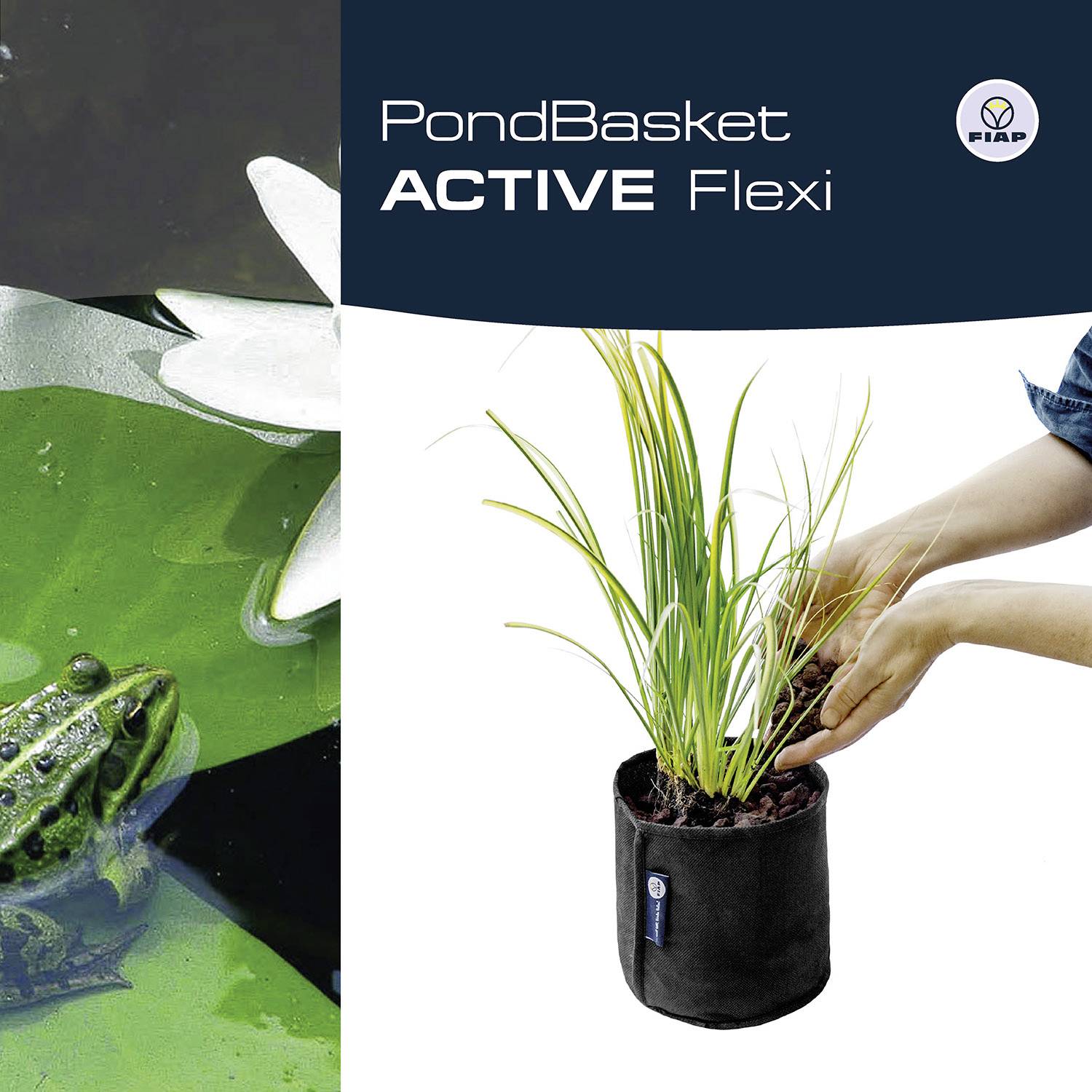 'PondBasket ACTIVE Flexi' zeigt ein flexibles Pflanzengefäß für Wasserpflanzen, demonstriert mit einer Hand, die das Gefäß hält.