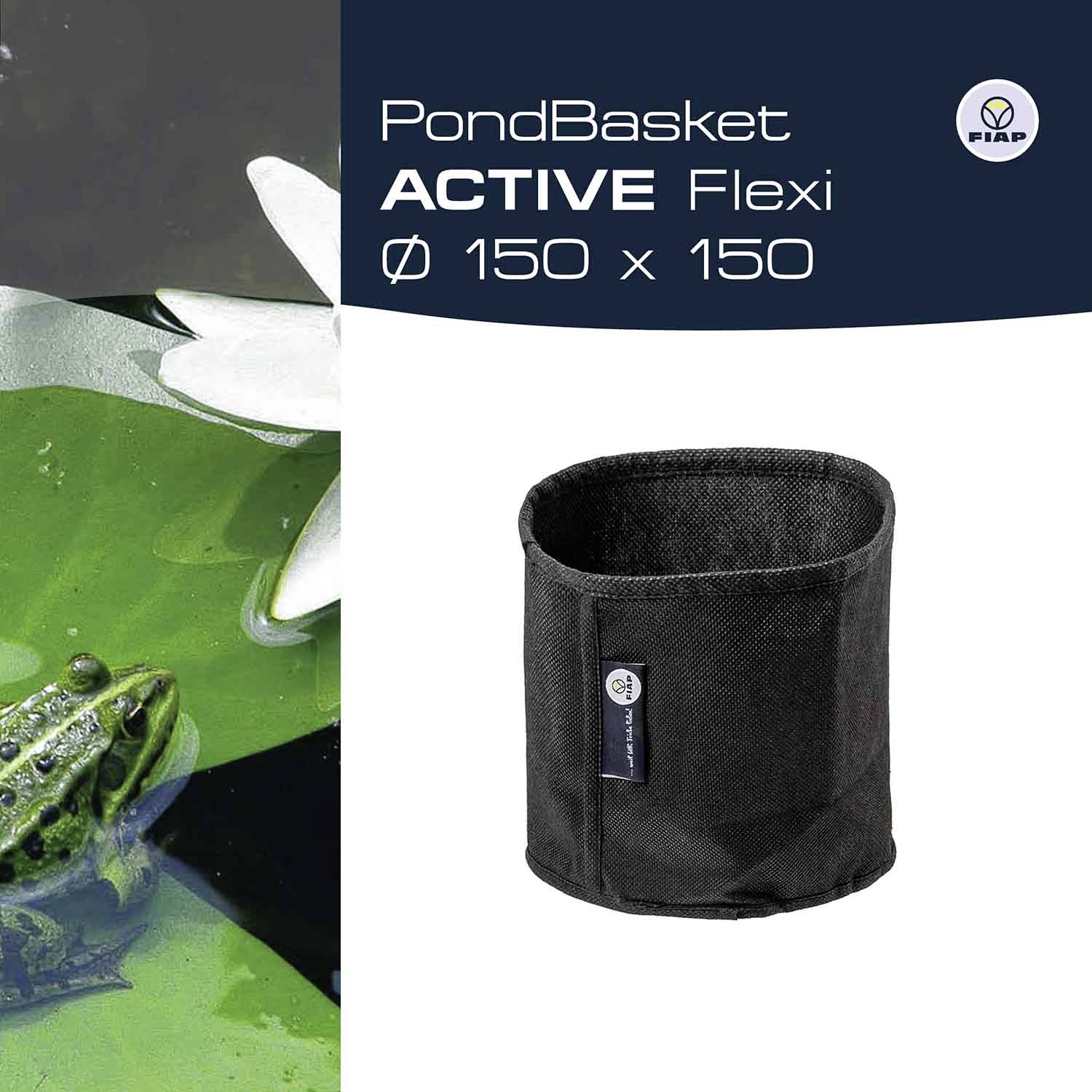 'PondBasket ACTIVE Flexi Ø 150 x 150' zeigt einen flexiblen, schwarzen Korb, geeignet für Teiche, neben einer Nahaufnahme eines Frosches im Wasser.
