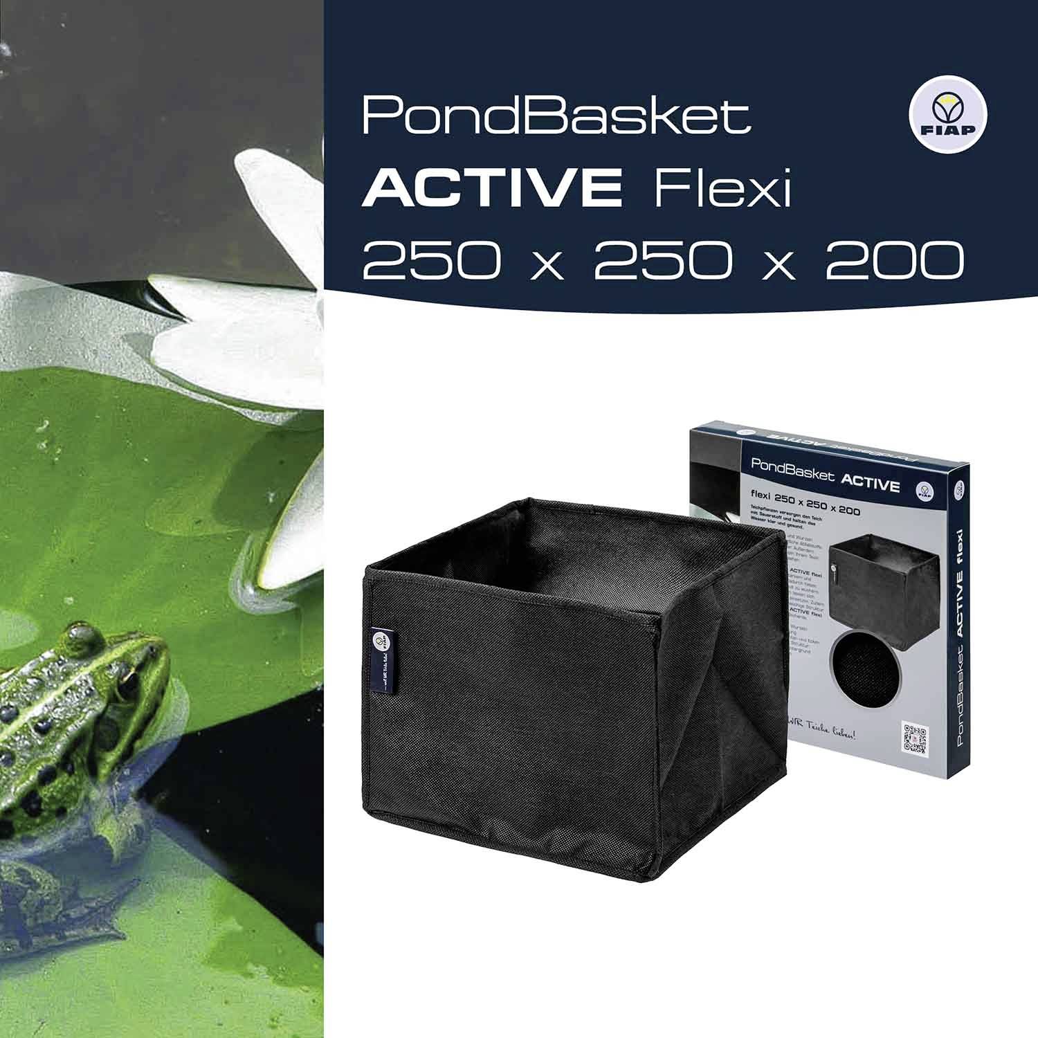 'PondBasket ACTIVE Flexi' Schilfkörbchen 250 x 250 x 200 mm, schwarz. Ein Frosch sitzt auf einem Blatt im Wasser.