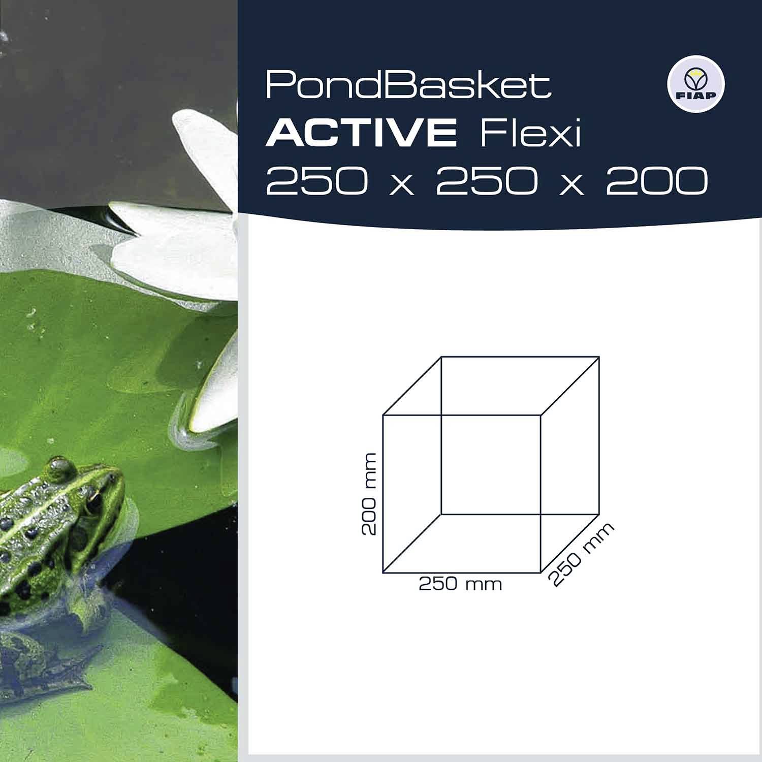 'PondBasket ACTIVE Flexi 250 x 250 x 200 mm' mit Teichfrosch und Seerosenabbildung, Produktverpackung von FIAP.