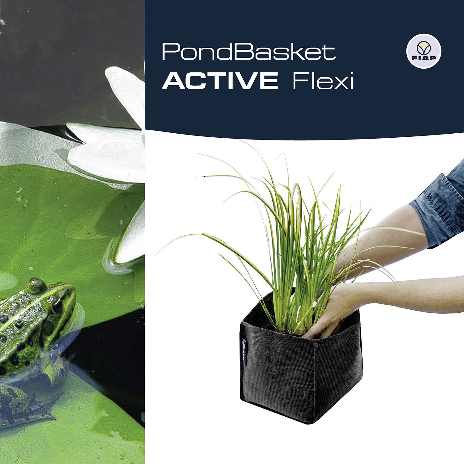 'PondBasket ACTIVE Flexi' von FIAP. Links ein Frosch im Wasser bei Pflanzen. Rechts eine Hand hält einen schwarzen Pflanzenkorb.