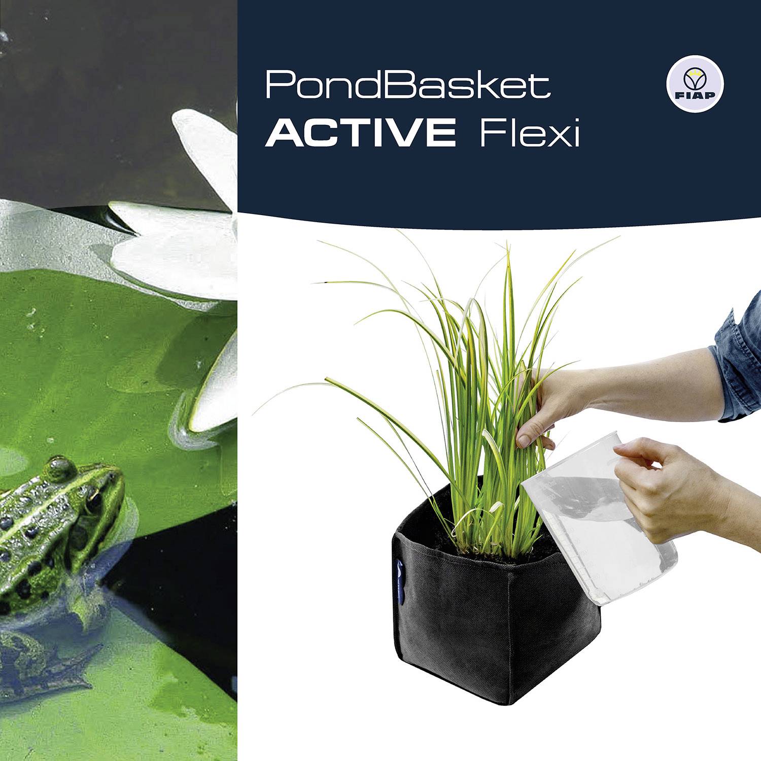 'PondBasket ACTIVE Flexi' Werbung zeigt einen Teich mit einem Frosch links und eine Hand, die rechts eine Pflanze in einen flexiblen Behälter steckt.