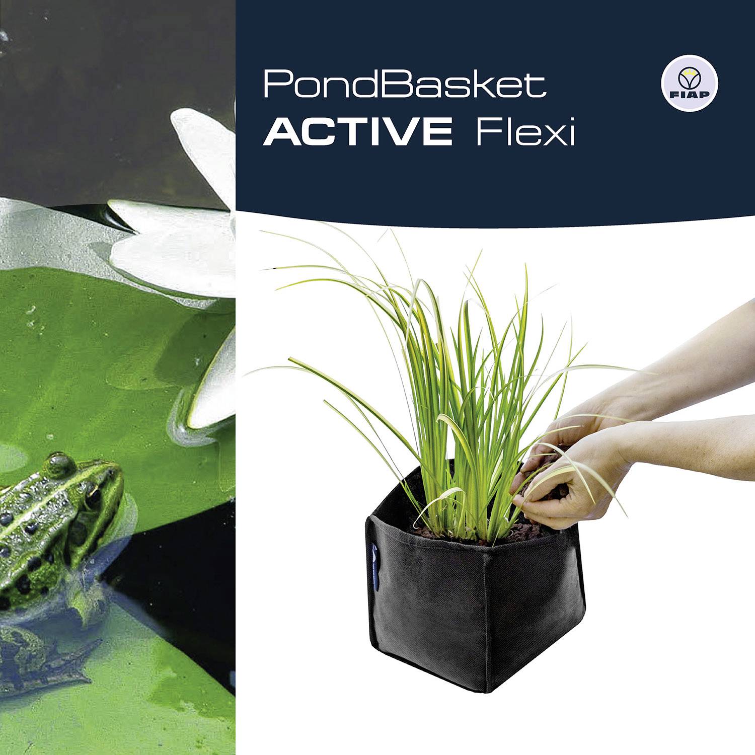 'PondBasket ACTIVE Flexi' von FIAP: Eine Hand platziert Pflanzen in einen flexiblen schwarzen Pflanzkorb neben einem Teich mit Frosch.