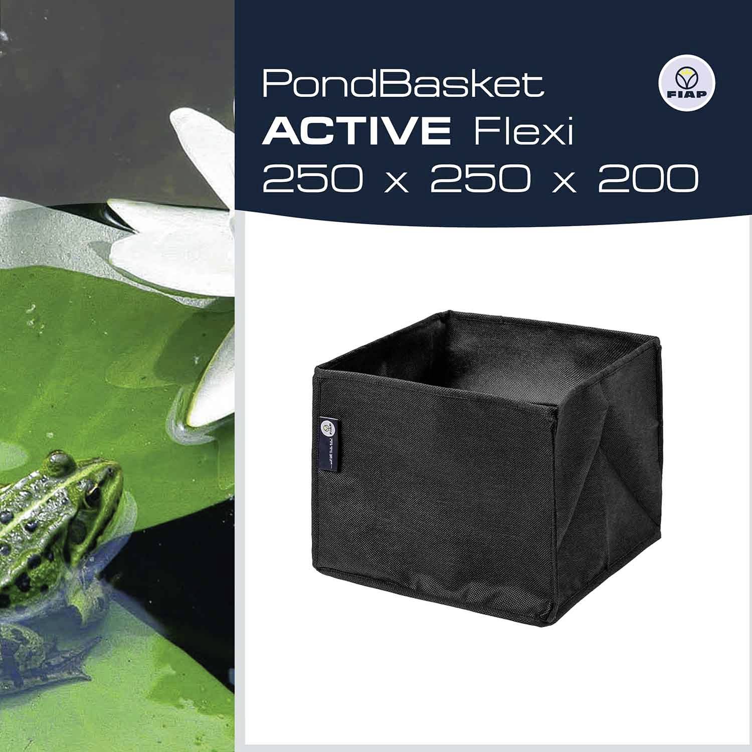 'PondBasket ACTIVE Flexi 250 x 250 x 200' Produktbild. Links: Frosch in einem Teich. Rechts: Schwarzer viereckiger Behälter.