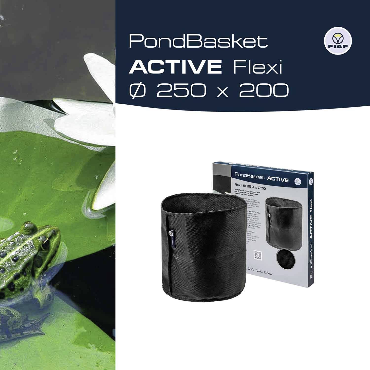 'PondBasket Flexi Ø 250 x 200' steht auf der Verpackung. Das Produkt ist ein flexibler Korb, neben einem Teich mit Blättern und einem Frosch.