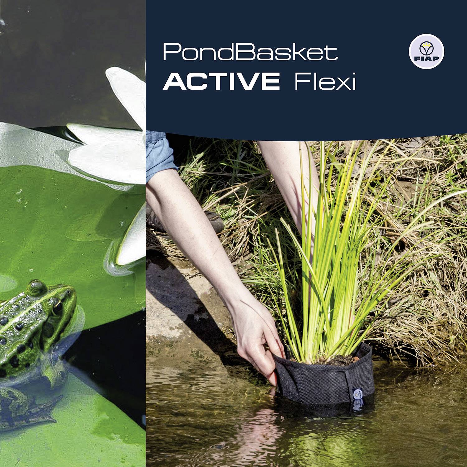 Eine Person pflanzt mit einem flexiblem Pflanzkorb am Teichrand. Oben sieht man den Schriftzug 'PondBasket ACTIVE Flexi'.