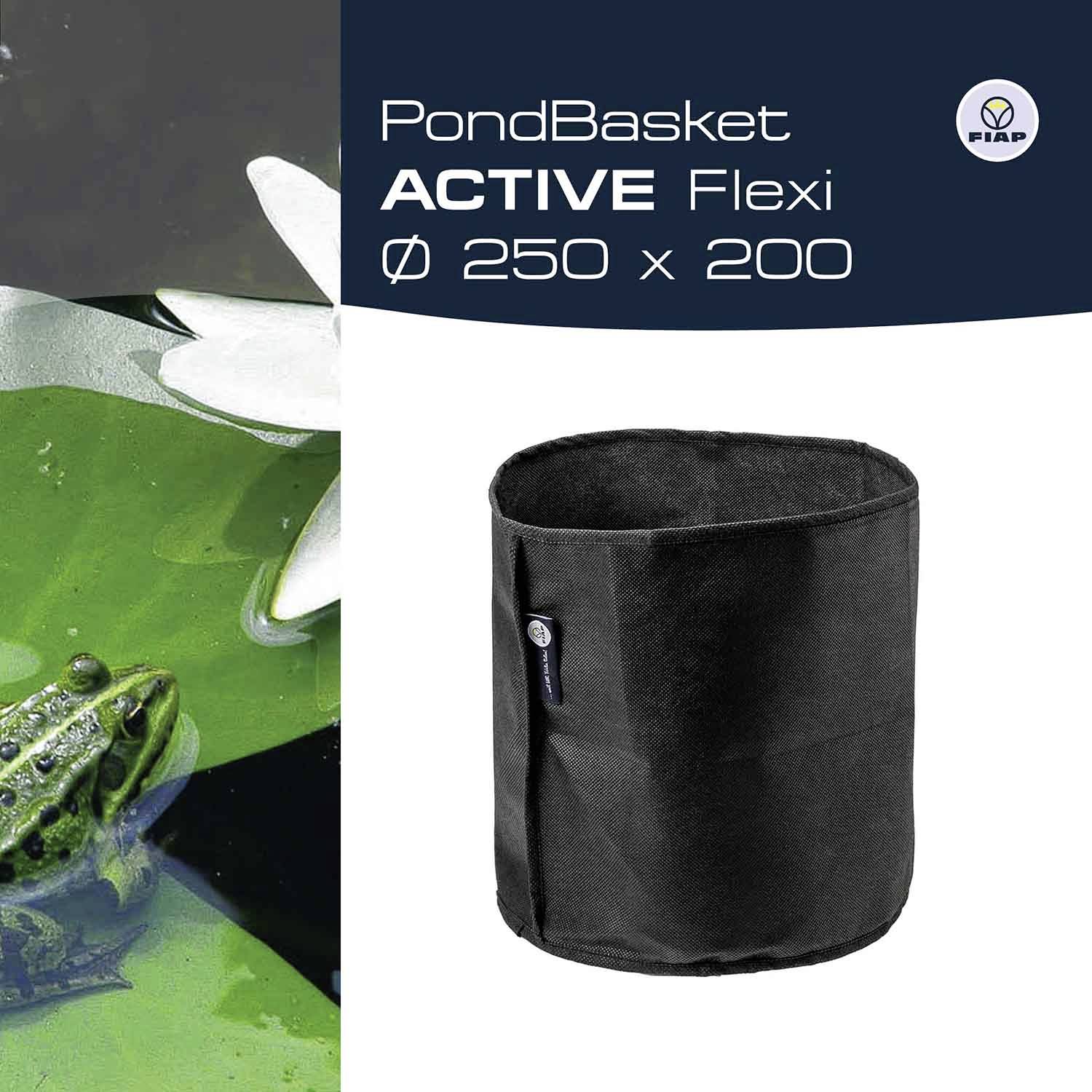 'PondBasket Active Flexi ⌀ 250 x 200' neben einem Teich mit Seerosenblatt und Frosch. Produktbild mit Markenlogo oben rechts.
