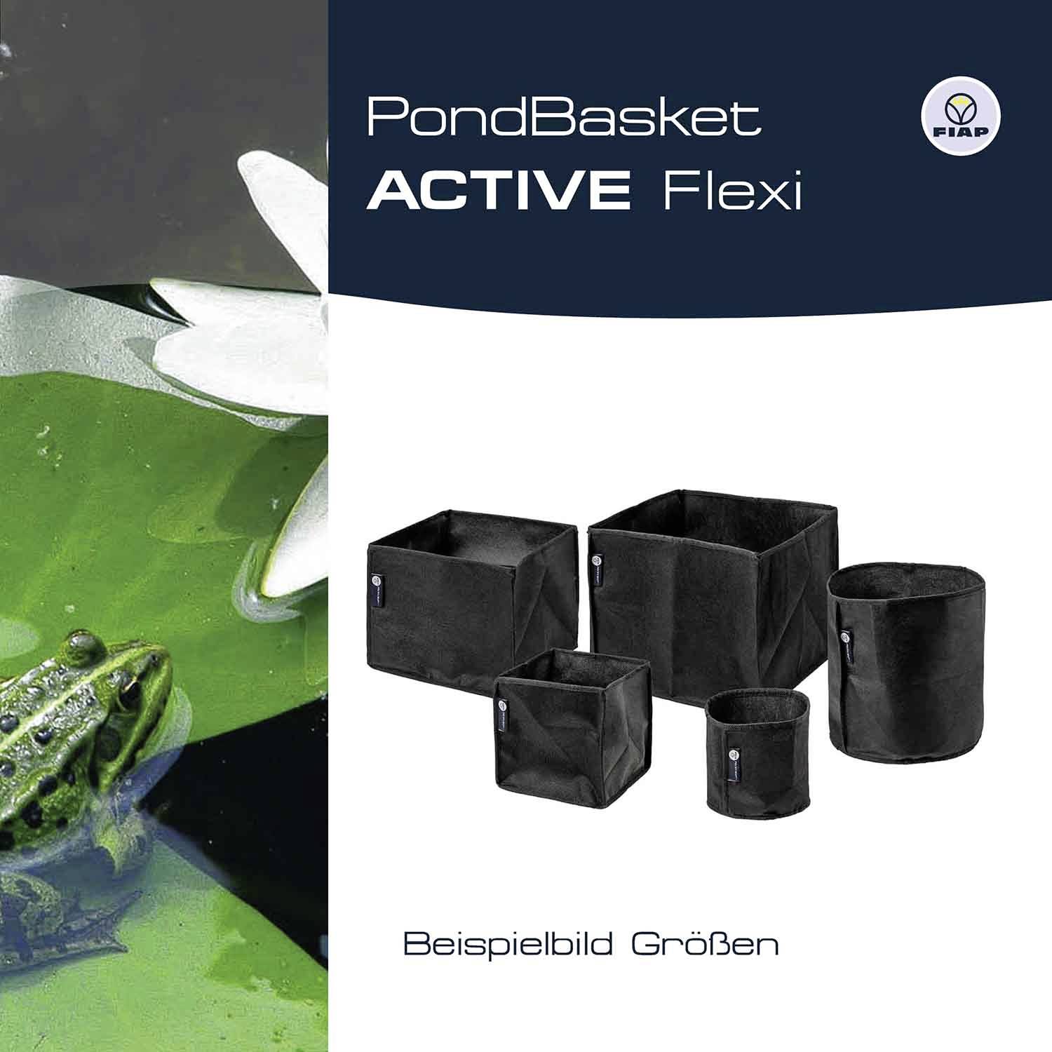 'PondBasket ACTIVE Flexi' Werbung mit Bild eines Frosches im Wasser auf der linken Seite und vier schwarzen Pflanzkörben auf der rechten Seite.