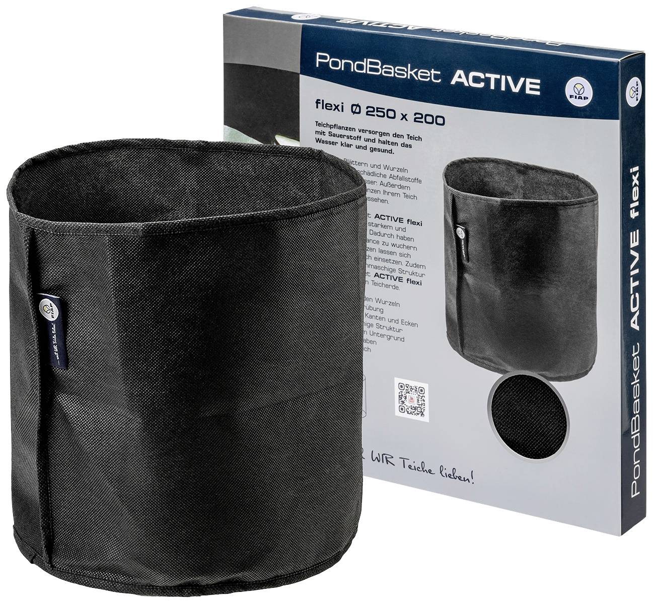 Schwarzer Pflanzkorb 'PondBasket ACTIVE' mit Verpackung. Maße: Durchmesser 250 mm, Höhe 200 mm. Ideal für Teichpflanzen.