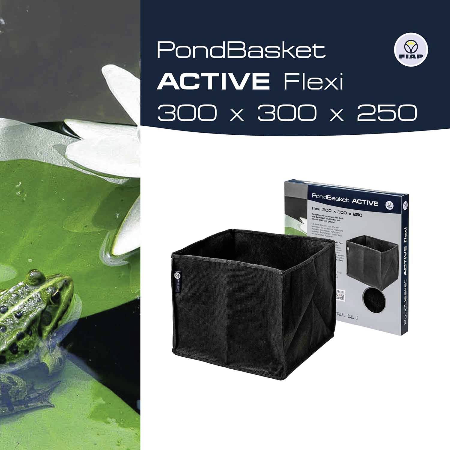 'PondBasket ACTIVE Flexi' Verpackung neben einem Naturbild mit Frosch und Seerosenblättern im Teich. Maße: 300 x 300 x 250 mm.