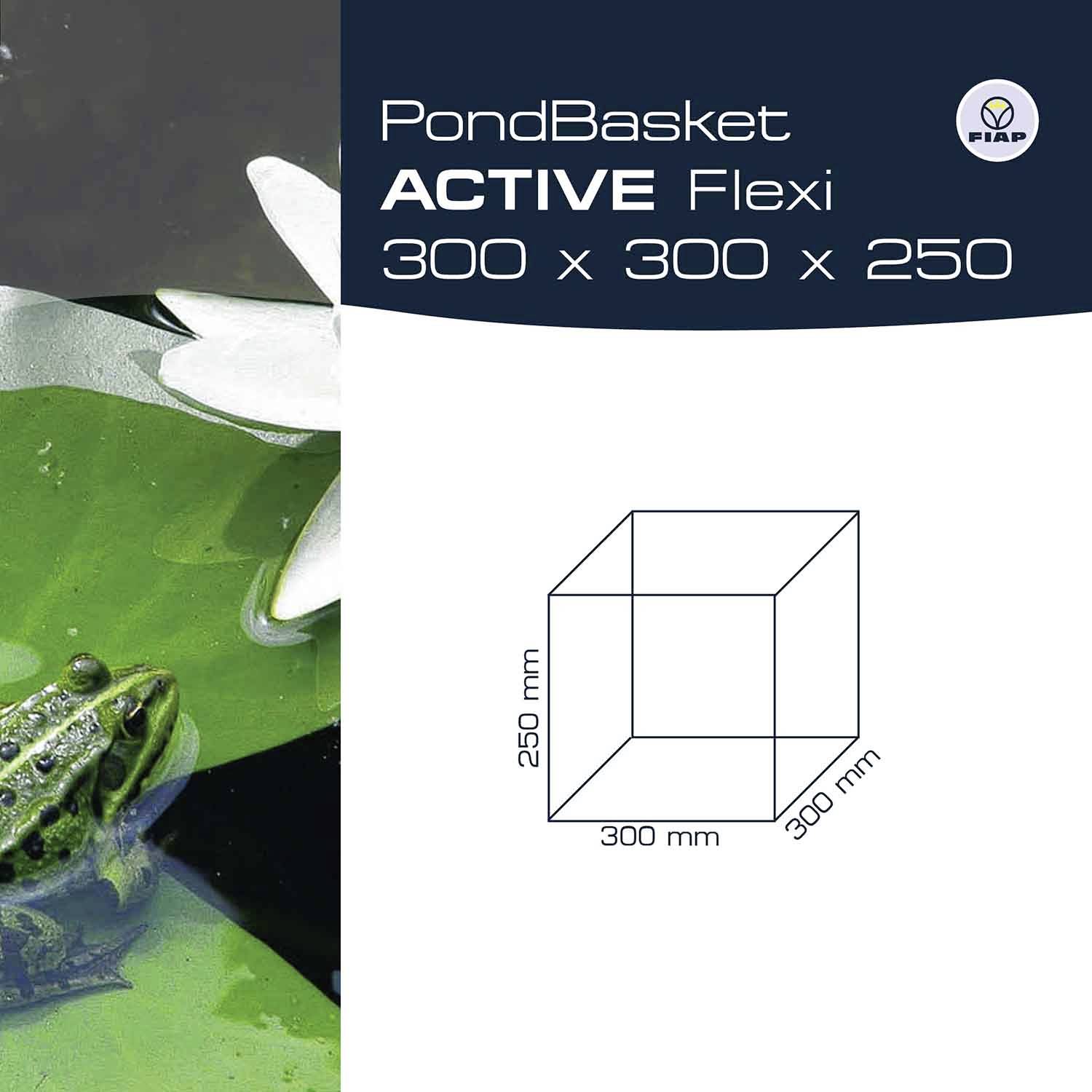 'PondBasket ACTIVE Flexi 300 x 300 x 250' neben einem Teich mit einem Frosch. Geometrische Skizze zeigt Produktmaße.