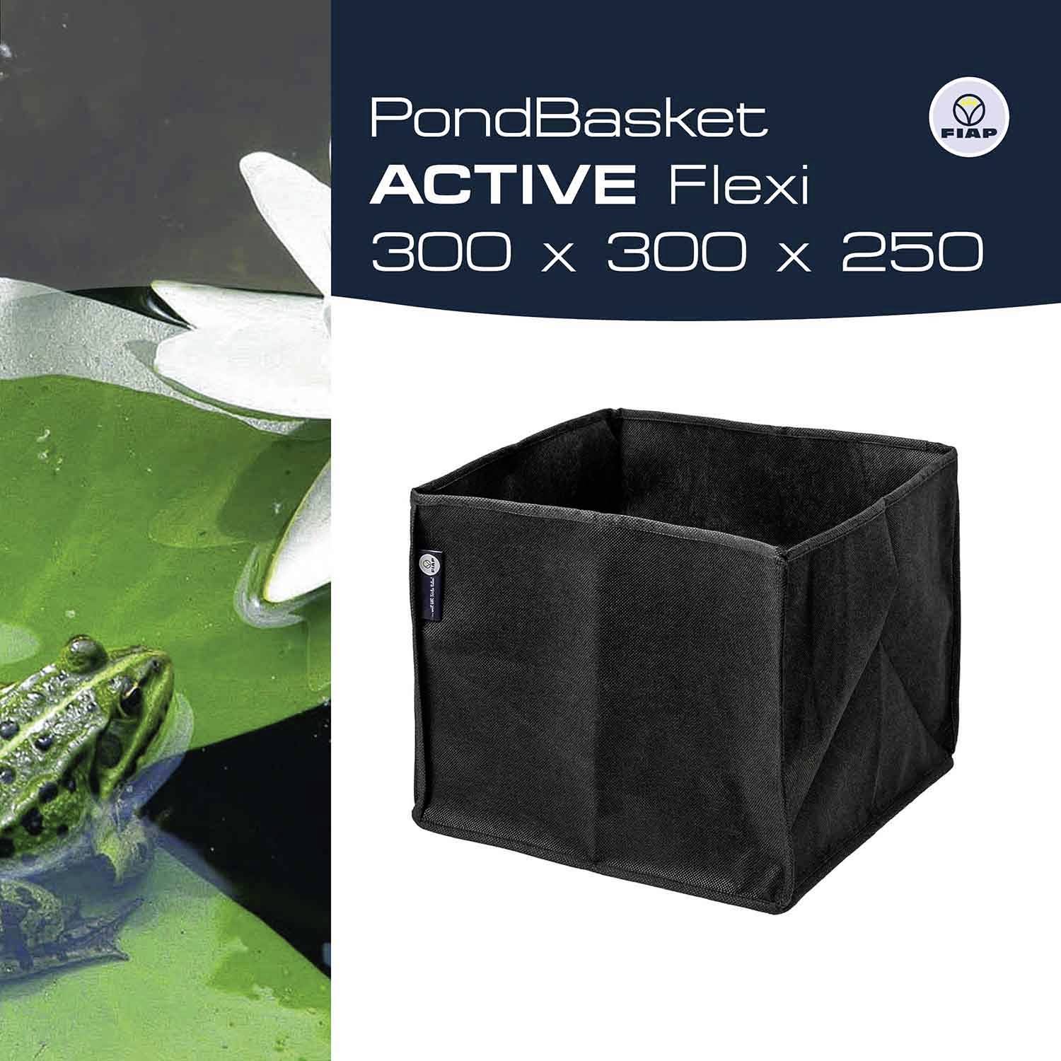 'PondBasket ACTIVE Flexi 300 x 300 x 250' steht neben Bild eines flexiblen schwarzen Korbes. Ein Frosch schwimmt im Wasser neben einer Blume.