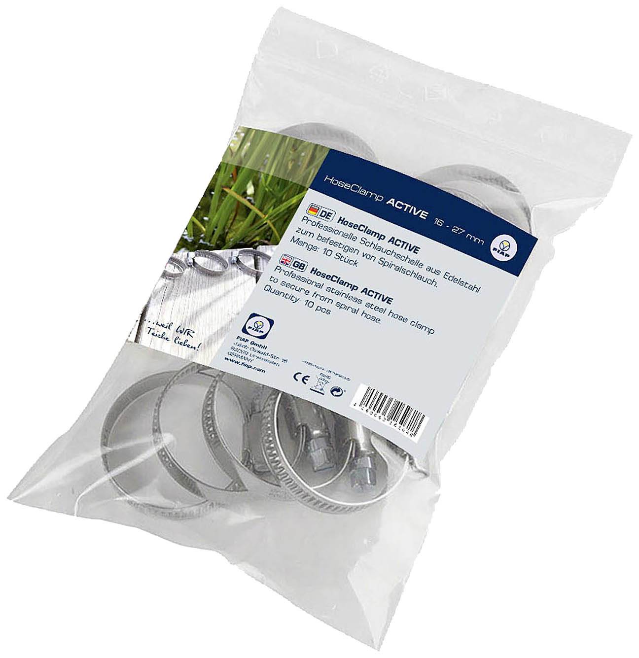 'HeissCamp ACTIVE' Schlauchklemmen-Set im Kunststoffbeutel, 6 Stück, Größe 35-37 mm, mit Abbildung von Schilf im Hintergrund.